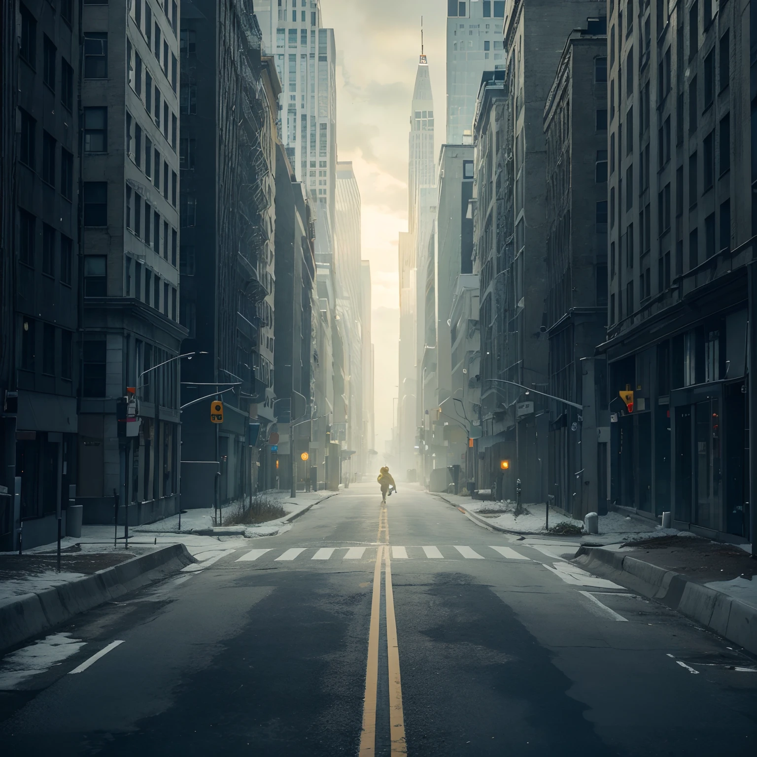 "Generate an image to be used as the opening scene for an endless runner-style game. The image should depict a nighttime scene with a street scattered with zombies. The main character, a pirate with a black eyepatch, black hair tied in a bun, and wearing an aged black jumpsuit, runs towards the zombies. On both sides, there are sequences of tall and short buildings with a texture of gray and black blocks, some featuring blue windows and others with very light gray windows.
The character wears a dark brown jacket with a pointed and raised collar, adorned with mustard-colored zipper details and shoulder pads. The character also has black knee-high boots with mustard-colored knee pads. Additionally, the character wears a short skirt that matches the jacket, with mustard-colored details. Include a dark green iron fence at the beginning of the sidewalks, serving as a containment barrier."