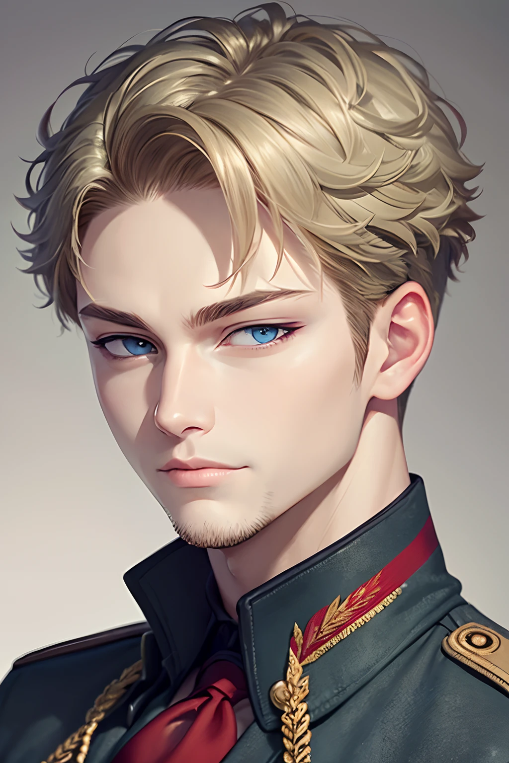 (best quality, masterpiece:1.2), 1man, detailed hair, detailed eyes, detailed lips, (militar hair, curly hair), ((short hair)), blond old hair, blue eyes, shaved beard, militar uniform, portrait, slight smile