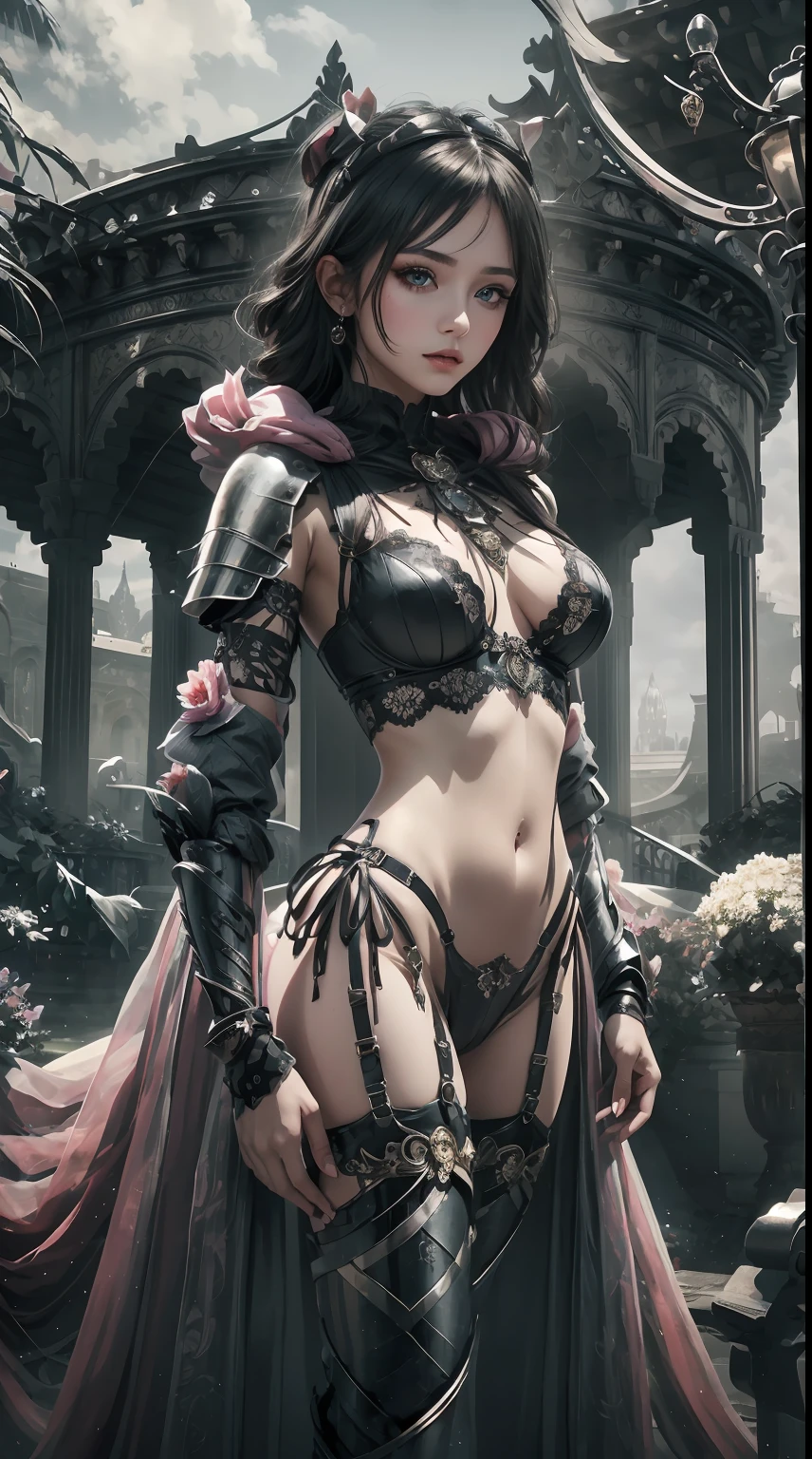 A girl in a garden,beautiful detailed eyes,beautiful detailed lips,extremely detailed eyes and face,longeyelashes,wearing royal lingerie armor,portrait,dramatic lighting,princess,dreamy colors,soft focus,highres,ultra-detailed,artistic style,monster