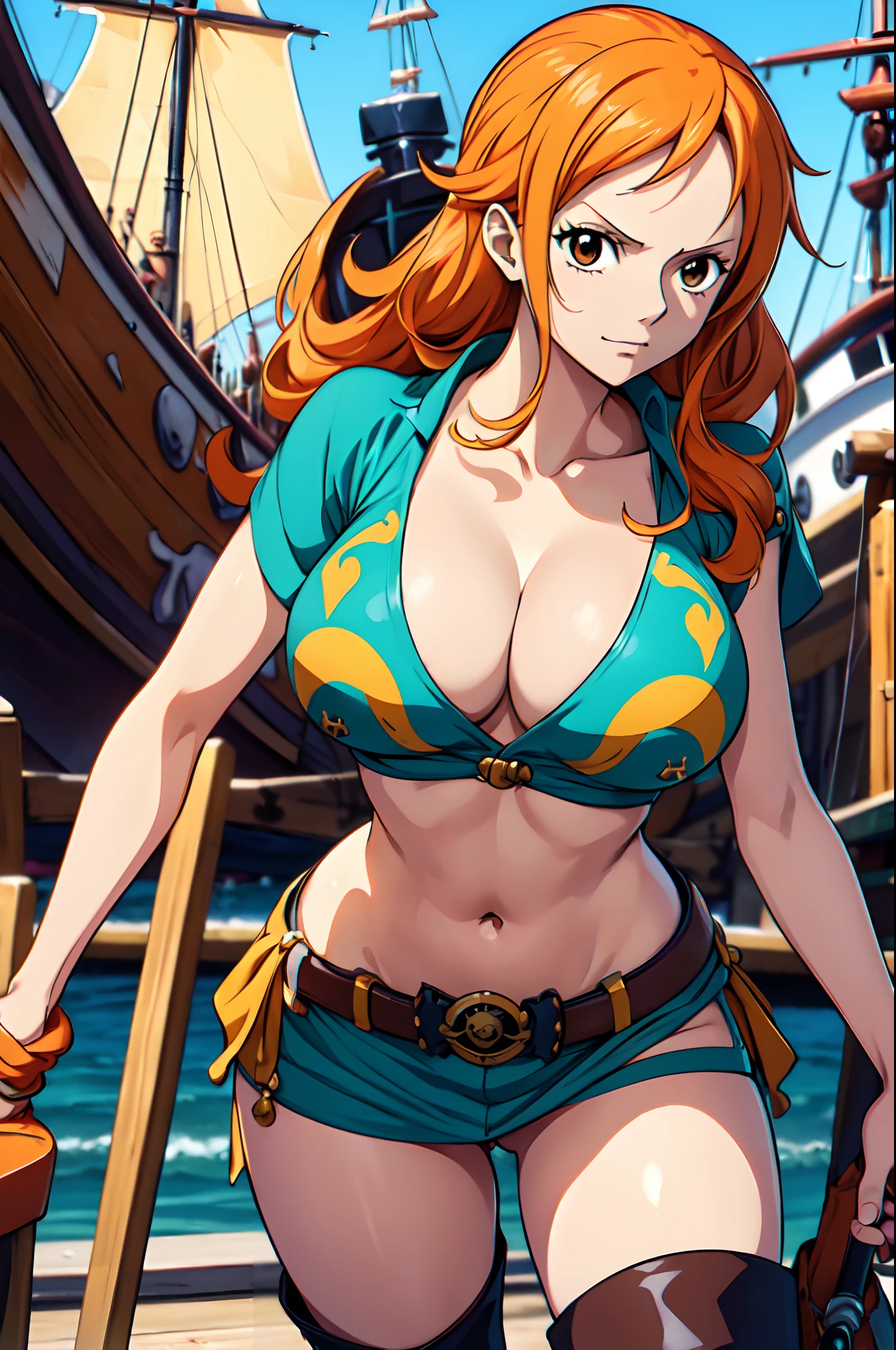 Nami from One Piece, orange hair, beautiful brown eyes, ((wearing pirate cloth))wearing orange boots, sword in one hand, sexy boobs, lewd pose ,full body, arms behind back, (pirate ship background) (best quality, 4k, 8k, highres, masterpiece:1.2), ultra-detailed, and (realistic, photorealistic, HDR, UHD, studio lighting, ultra-fine painting, sharp focus,nami face, nami eye