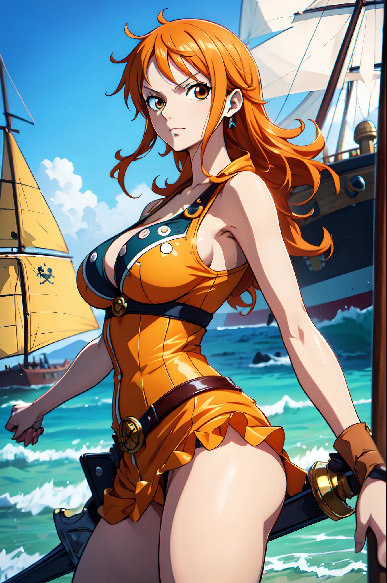 Nami from One Piece, orange hair, beautiful brown eyes, ((wearing pirate cloth))wearing orange boots, sword in one hand, sexy boobs, lewd pose ,full body, arms behind back, (pirate ship background) (best quality, 4k, 8k, highres, masterpiece:1.2), ultra-detailed, and (realistic, photorealistic, HDR, UHD, studio lighting, ultra-fine painting, sharp focus,nami face, nami eye