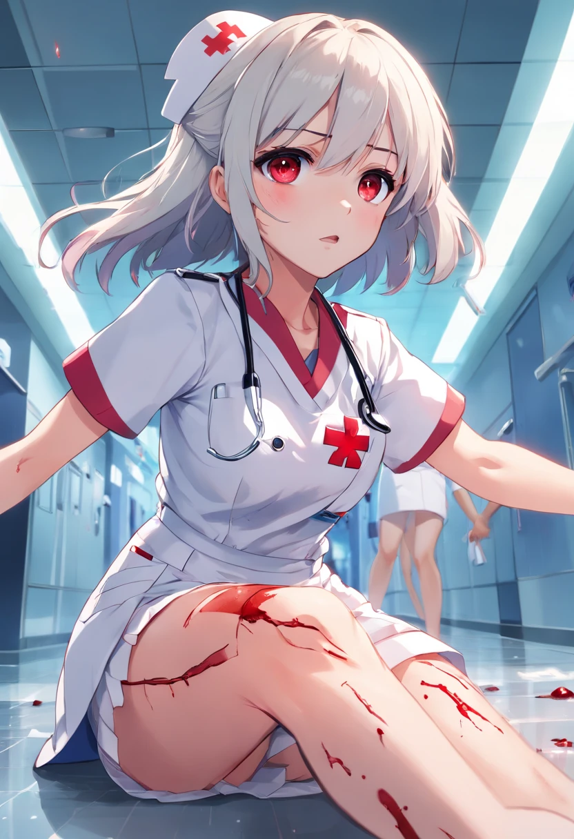 masterpiece, highest quality, highest detail, 1 girl, BREAK, horror, (Small injured girl, blood, bleeding, injury), Shining white hair, jewel-like red eyes, anime highlight eyes, (Nurse uniform: 1.4), (White tight miniskirt: 1.2), White pantyhose, scarred clothes, dirty clothes, bloodstained clothes, scarred skin, battle damage, bandaged arms, bandaged legs, (Yandere:1.2), BREAK, The background is a modern hospital, a collapsed hospital, BREAK, full body, movie lighting, action movie poster, dynamic, beautiful girl action actor, motion blur, depth of field, 35mm, Sony FE, 1girl,
