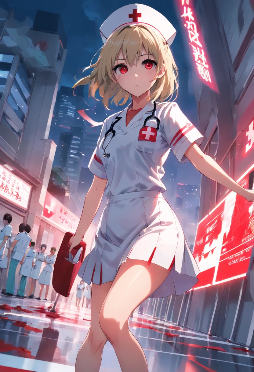 masterpiece, highest quality, highest detail, 1 girl, BREAK, horror, (Small injured girl, blood, bleeding, injury), Shining white hair, jewel-like red eyes, anime highlight eyes, (Nurse uniform: 1.4), (White tight miniskirt: 1.2), White pantyhose, scarred clothes, dirty clothes, bloodstained clothes, scarred skin, battle damage, bandaged arms, bandaged legs, (Yandere:1.2), BREAK, The background is a modern hospital, a collapsed hospital, BREAK, full body, movie lighting, action movie poster, dynamic, beautiful girl action actor, motion blur, depth of field, 35mm, Sony FE, 1girl,