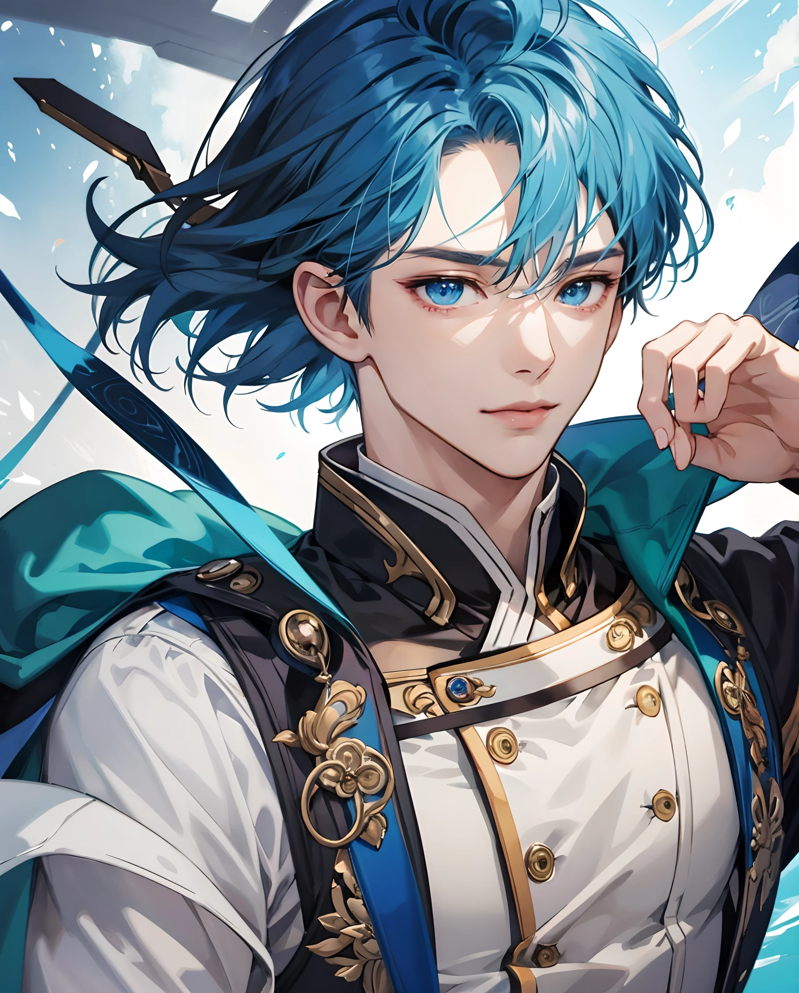 masterpiece、top-quality、超A high resolution、2D Bishonen、animesque、Teenage Boy、Blue hair、short-haired、The brave、Beautiful blue eyes、The clothes are also depicted in detail、Eyes are depicted in detail、The face is depicted in detail、sorcerer、soio、Gentle smile、hair adornments、animesque、illustratio