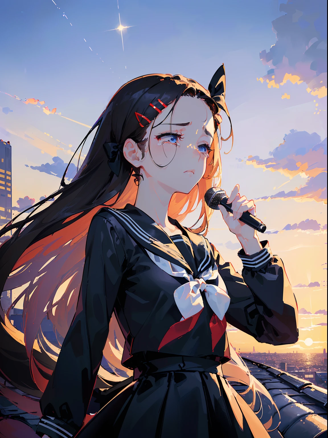 ((((Staring,Slightly sad,tearing,half closed eyes,))))((Singing,standing microphones,))(Masterpiece illustration,Beautiful and aesthetic:1.2,Target the audience,From below), Best quality,Top quality, Epic quality,((((Rooftop,En plein air,))))(meteors,Moonlight,Moon glare, god light,))Neat face,underage,Young,Beautiful detailed hair,Brown hair,hyper HD, retinas, Textured skin, A high resolution, 16k ,((hair pin,Forehead,Long-sided locks,Long hair,Large bow in hair)),Detailed face, 1JK, 1girll,Solo, Perfect face, Very amazing girl,(Black sailor uniform,White sailor tie at front),rim-light