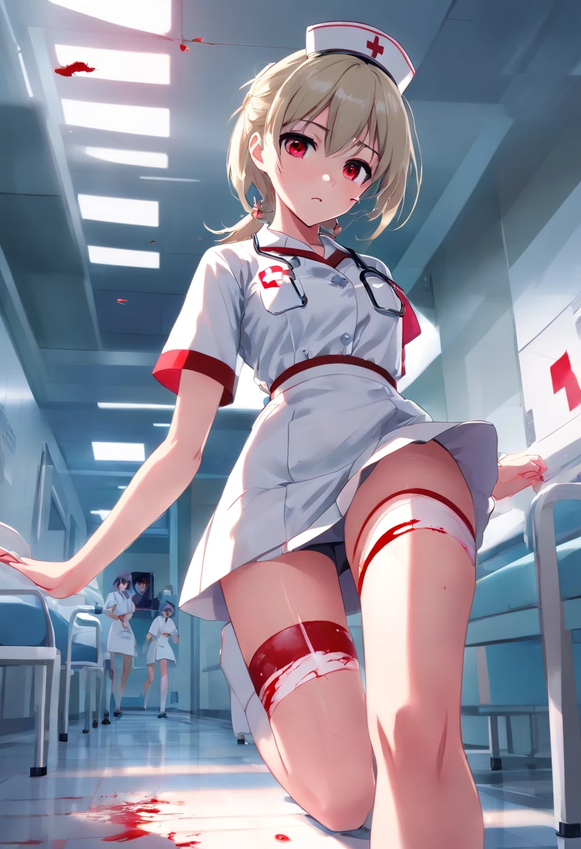masterpiece, highest quality, highest detail, 1 girl, BREAK, horror, (Small injured girl, blood, bleeding, injury), Shining white hair, jewel-like red eyes, anime highlight eyes, (Nurse uniform: 1.4), (White tight miniskirt: 1.2), White pantyhose, scarred clothes, dirty clothes, bloodstained clothes, scarred skin, battle damage, bandaged arms, bandaged legs, (Yandere:1.2), BREAK, The background is a modern hospital, a collapsed hospital, BREAK, full body, movie lighting, action movie poster, dynamic, beautiful girl action actor, motion blur, depth of field, 35mm, Sony FE, 1girl,