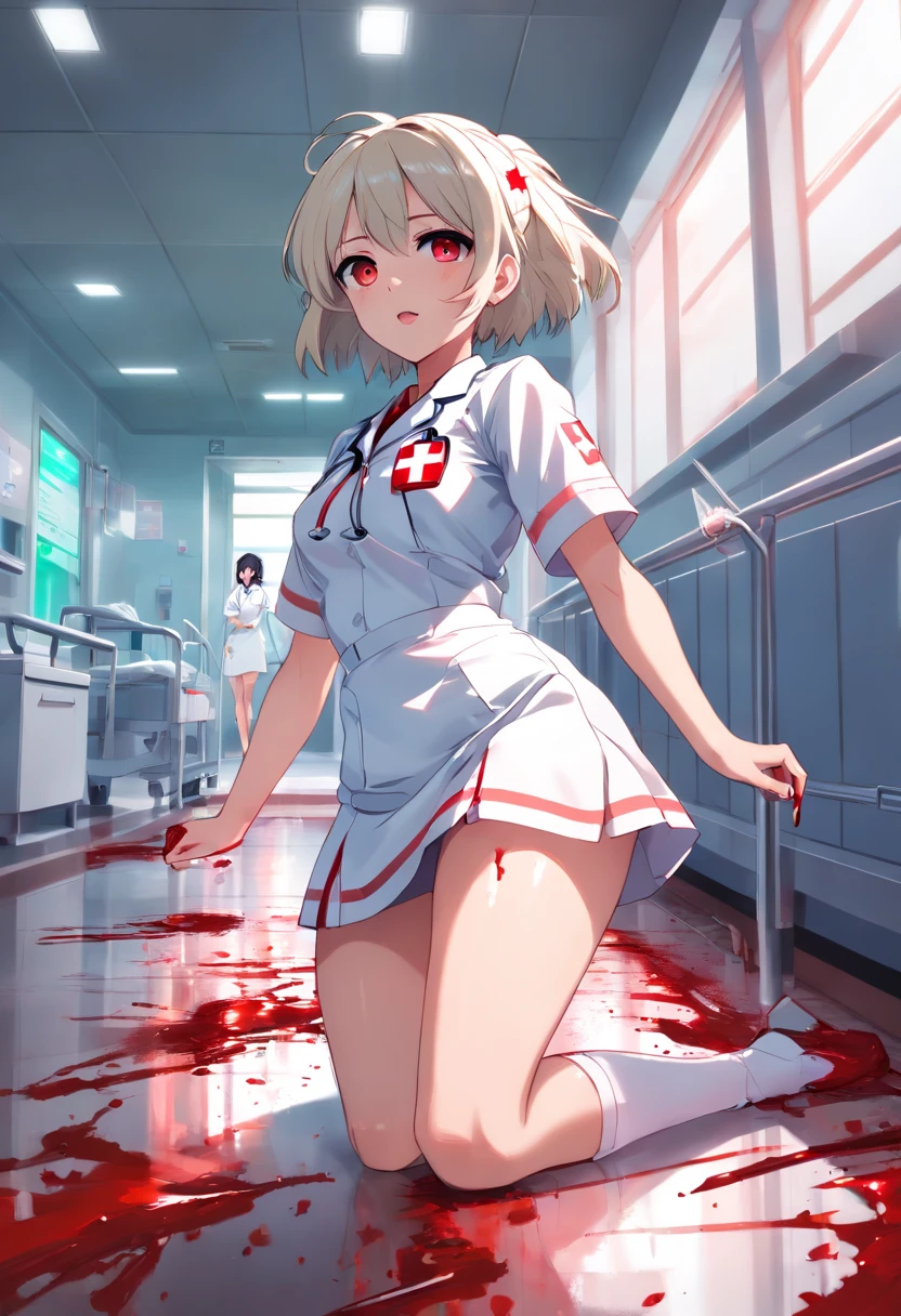masterpiece, highest quality, highest detail, 1 girl, BREAK, horror, (Small injured girl, blood, bleeding, injury), Shining white hair, jewel-like red eyes, anime highlight eyes, (Nurse uniform: 1.4), (White tight miniskirt: 1.2), White pantyhose, scarred clothes, dirty clothes, bloodstained clothes, scarred skin, battle damage, bandaged arms, bandaged legs, (Yandere:1.2), BREAK, The background is a modern hospital, a collapsed hospital, BREAK, full body, movie lighting, action movie poster, dynamic, beautiful girl action actor, motion blur, depth of field, 35mm, Sony FE, 1girl,