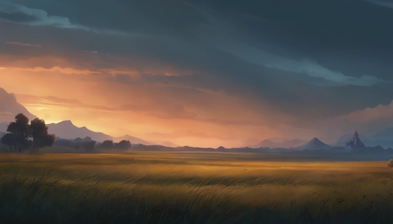 Background illustration for 2D game, Pluie dans les plaines, herbe, Background Battlefield, High quality, Illustration HD, night