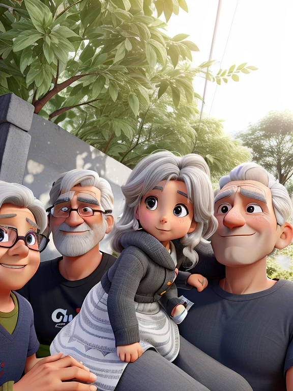 uma mulher, A gray-haired man, a child, e um homem cabelo claro