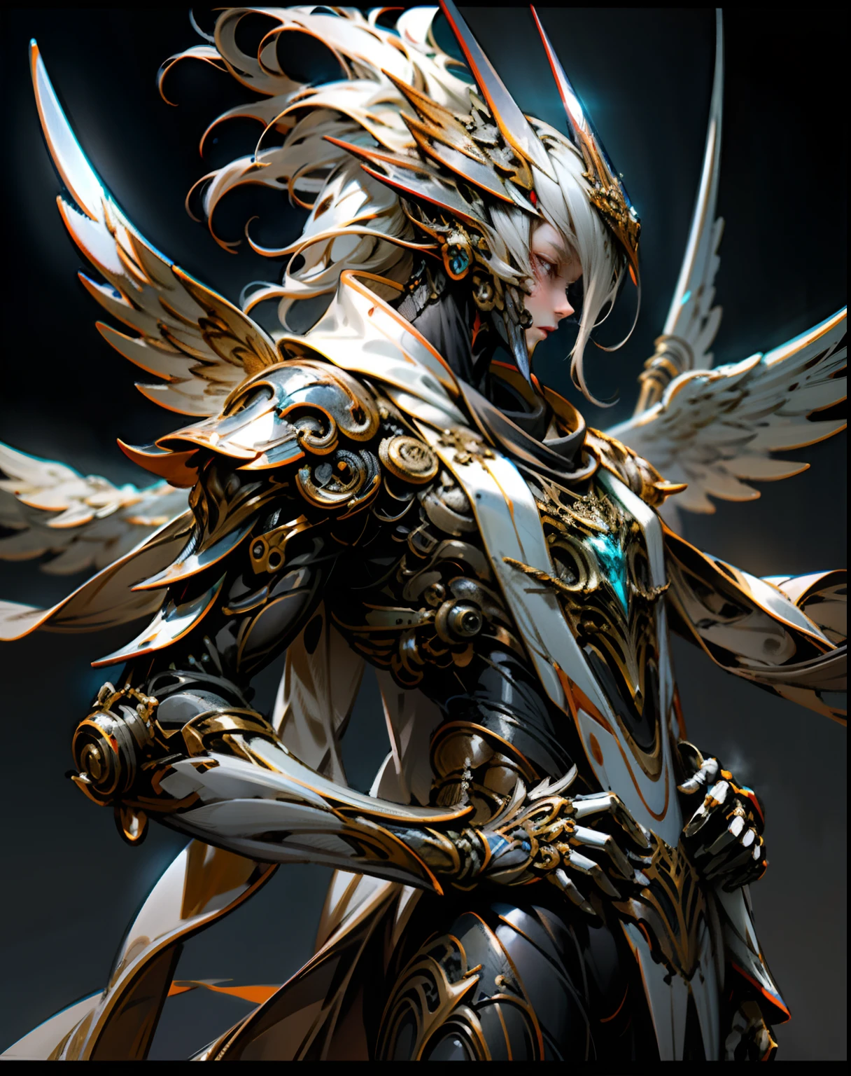 tmasterpiece, Best quality at best, high high quality, (afofuturism:1.1), (Cyberpunk costumes), 电影灯光, (Exquisite future), Beautifully and beautiful, ultra - detailed, The composition is great, floatking, depth of fields, (VerydetailedCG,Unity 8k壁纸), (Beautiful detail background), Beautiful hair details, dramatic lights, GOGETTA,white colors,white color mecha,best qualtiy,超高分辨率,Photorealistic and realistic,Beautiful wings,Metal wings,Steel wings,Luminous Great Sword,Hold the big sword horizontally,eyes glowing,Sideways photo,Lateral face