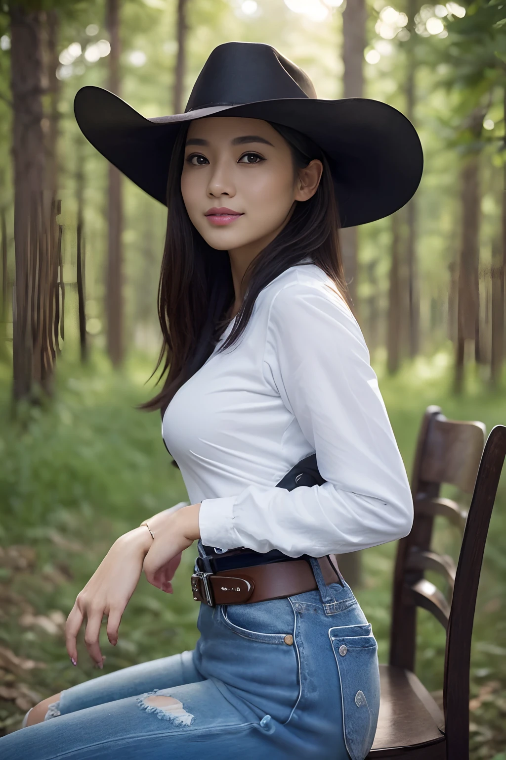 (Beauty Chair(Cowgirl:1)portait image:1.5)Wind-blown forest landscape(((master-piece)))、((top-quality))、A MILF、Black eyes、Western costume、Blue torn jeans、10、Special details lurking、reality、scenary、Concept Art、Highly detailed RAW colour images、Side corners、(lensflare:0.7)、Particle effect、Raylock、Movie Writing Tips、shallow depth of field、Shot with Sony Alpha 1、50mm wide-angle lens...、Foconitide、Cinematic film still、 Dynamic posts、、(reality:1.3)、black、beautiful asian woman、Gun belt.small boobs、Staring at the audience、超High resolution、smile、Black Western Hat,