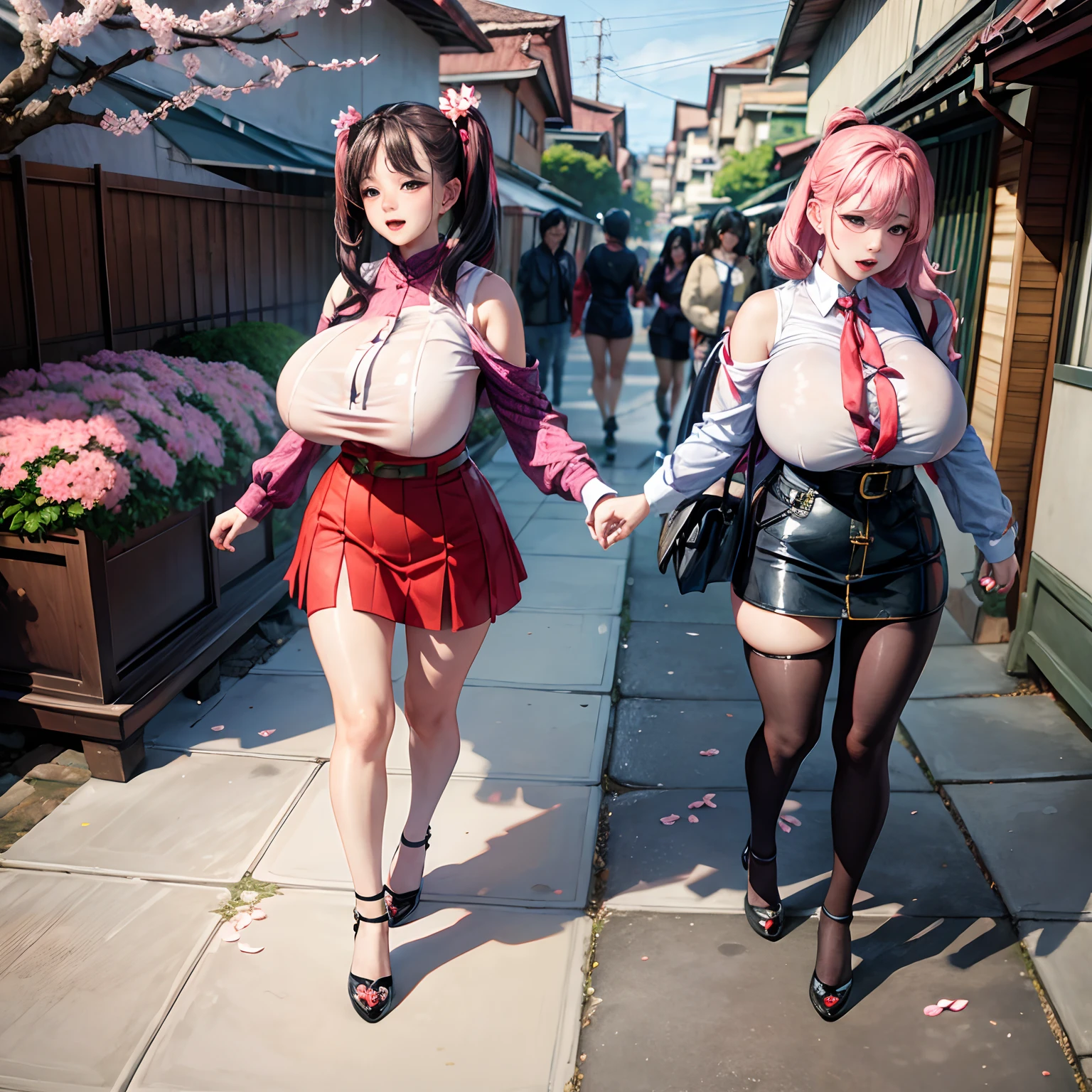 Cherry blossom And Street, 7 busty women on the street, full body shot,  giga_busty