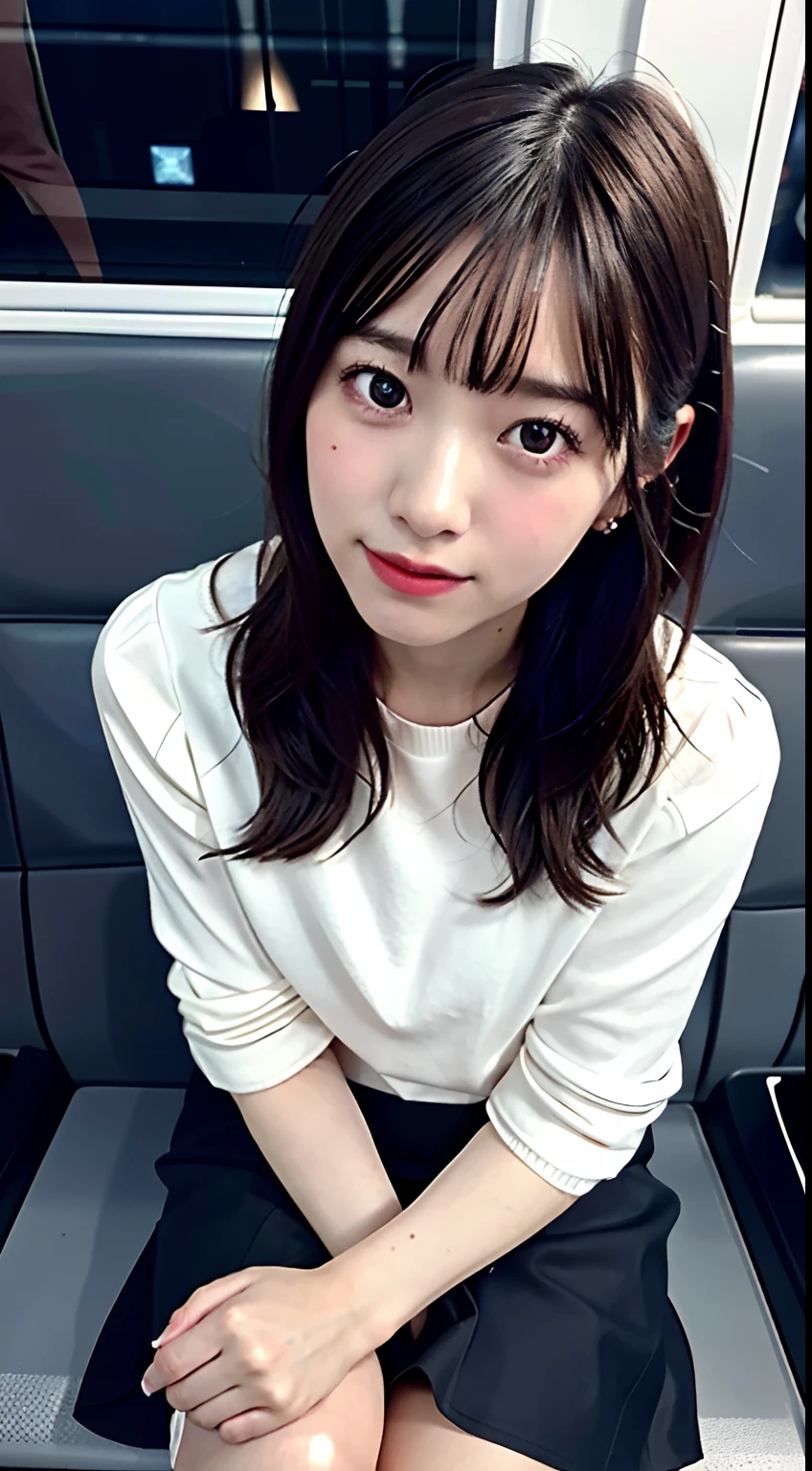 "(Masterpiece, High Definition, Ultra High Definition, 4K) Black hair, 14 years old Japan girl, uniform skirt, emphasizing thighs, white thighs, soft thighs, glossy thighs, sitting on the train, face-to-face angle, (angle from below),sitting in the train seat,Sitting in front,Zoom camera in the crotch,Feet on the train floor,Full body,Looking down and sleepy,Looking at the viewer only", best quality, ultra high definition, (photorealistic:1.4),, high resolution, detail, raw photo, sharp re, Nikon D850 film stock photo by Lee Jefferies 4 kodak portra 400 camera f1.6 lens rich colors hyper realistic lively textures dramatic lighting unreal engine artstation trends cinestir 800,
