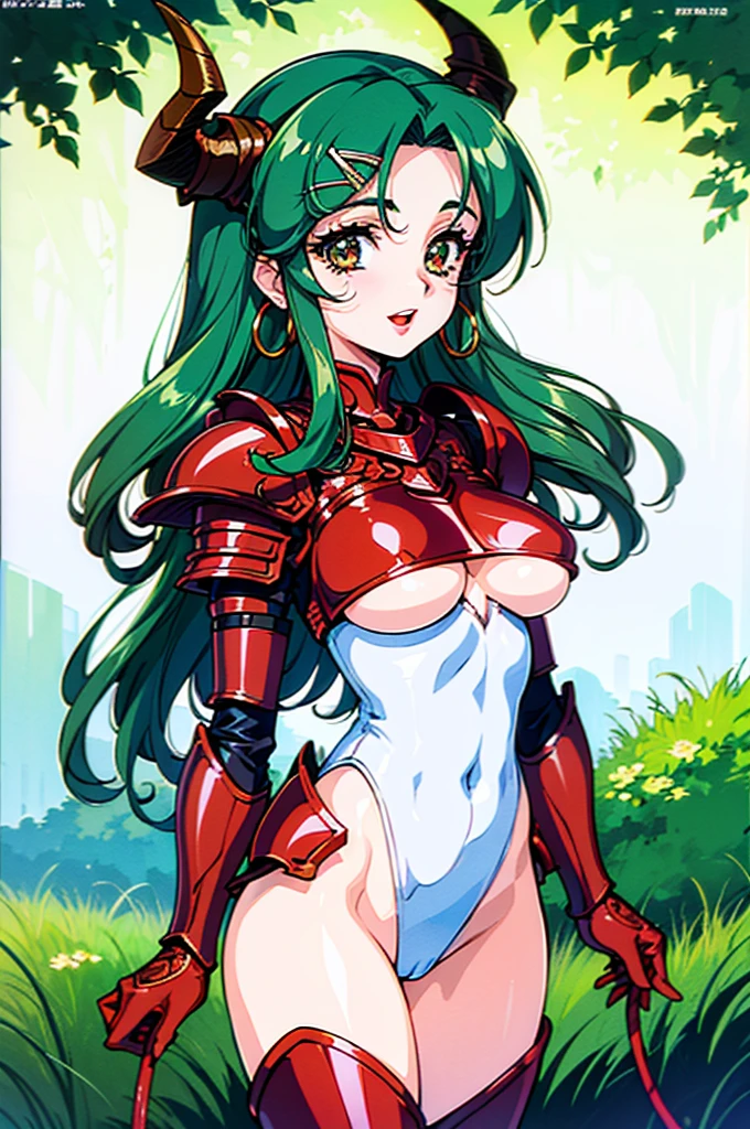 "(masterpiece:1.1), best quality, 
1girl, (80s anime style:1.3), (eyelashes:1.5), (:1.2), 
(intricate high detailed body:1.2), 
green hair, 
(forehead, parted bangs, hairclip:1.1), (long hair, drill hair:1.1), (demon horns:1.2), 
brown eyes, (red lip stick:1.3), 
(pale skin body:1.3), (large brea), 
(light smile:1.2), open mouth, 
(string leotard armor, underboob cutout:1.2), 
(knight armor, armored boots:1.2), (mini skirt:1.1), (hoop earrings:1.1), gloves, 
standing, 
(upper body, cowboy shot, looking at viewer, from front:1.1),
(daytime, woods, grassland, outdoors:1.1)"