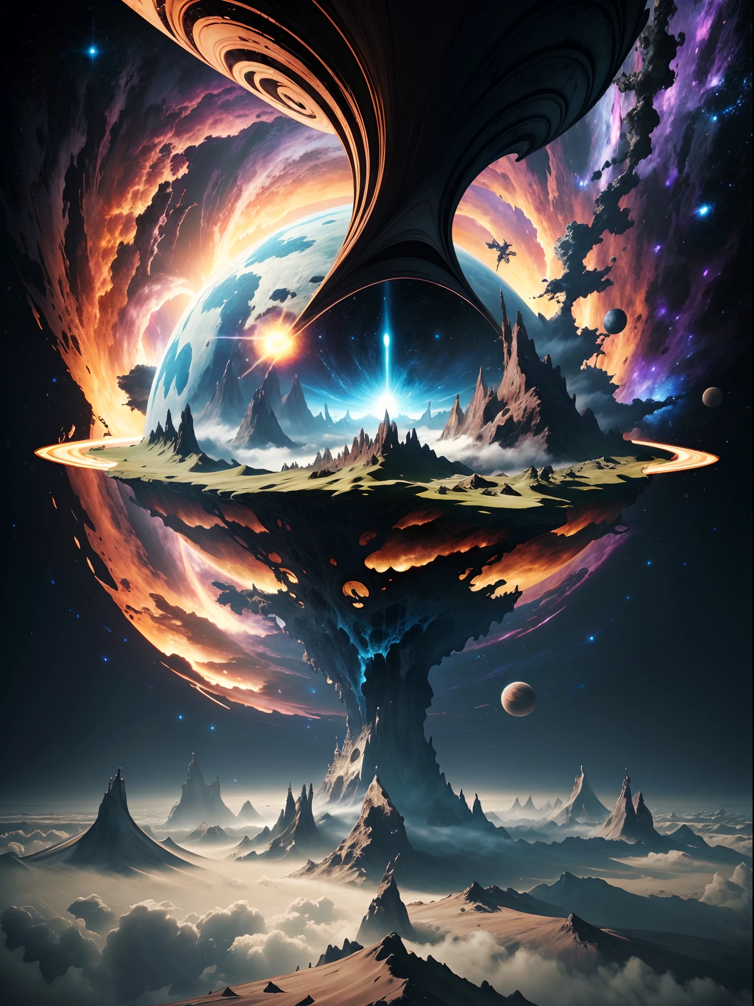 ((Best Quality)), ((masutepiece)), edge of chaos, (Transforming Reality: 0.7), miraculous surreal landscape, Floating islands, Ether vortex, unbelievable fantastical creatures, Masterpiece Quality, Mysteries of the universe, Swirl of energy, magical phenomenon, Fantastic balance, ultra-detailliert, absurderes, Composition, Scale, Perspective, Scenery, light, Color, Texture, Beauty, Wonder, 8K, Official art, Oil on matte canvas, Sharp details, Sci-Fi Spacescape Ceres Extension Colony, Convoluted, Highly detailed, Digital Painting, Rich colors, Smooth, Sharp Focus, Illustration, unreal enginee 5, 8K, art by artgerm and greg rutkowski and alphonse mucha, photographer (black hole:1), (((masutepiece))), Top quality ultra detailed CG unit 8K wallpaper, Solar System Through Black Holes