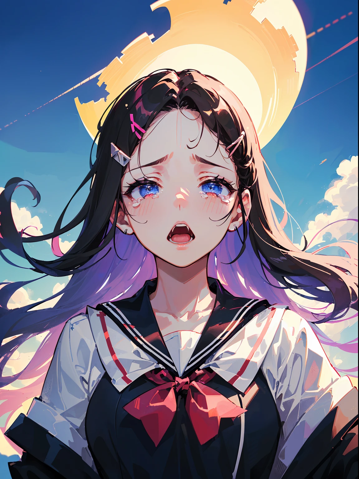((((Sharp focus，vaporwave,Staring,half-open mouth,Slightly sad,tearing,half closed eyes,))))((Singing,standing microphones,))(Masterpiece illustration,Beautiful and aesthetic:1.2,Target the audience,From below), Best quality,Top quality, Epic quality,((((Rooftop,En plein air,))))(meteors,Moonlight,Moon glare, god light,))Neat face,underage,Young,Beautiful detailed hair，Brown hair，hyper HD, retinas, Textured skin, A high resolution, 16k ，((hair pin,Forehead,Long-sided locks,Long hair,Large bow in hair)),Detailed face, 1JK, 1girll,Solo, Perfect face, Very amazing girl,(Black sailor uniform,White sailor tie at front),rim-light,((rock music))