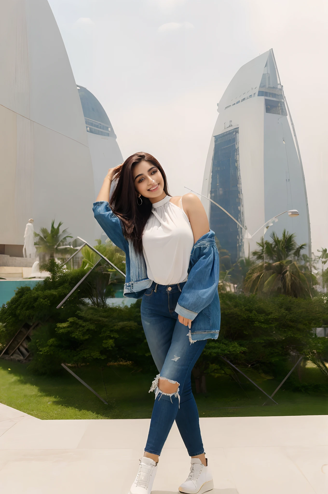 ((Masterpiece)), (8k), ((ultra-high resolution)), best quality, Pakistani girl, thick figure, skinny waist and thick hips, long straight hair,fair skin, seductive pose, cute smile, wearing glamorous top ,