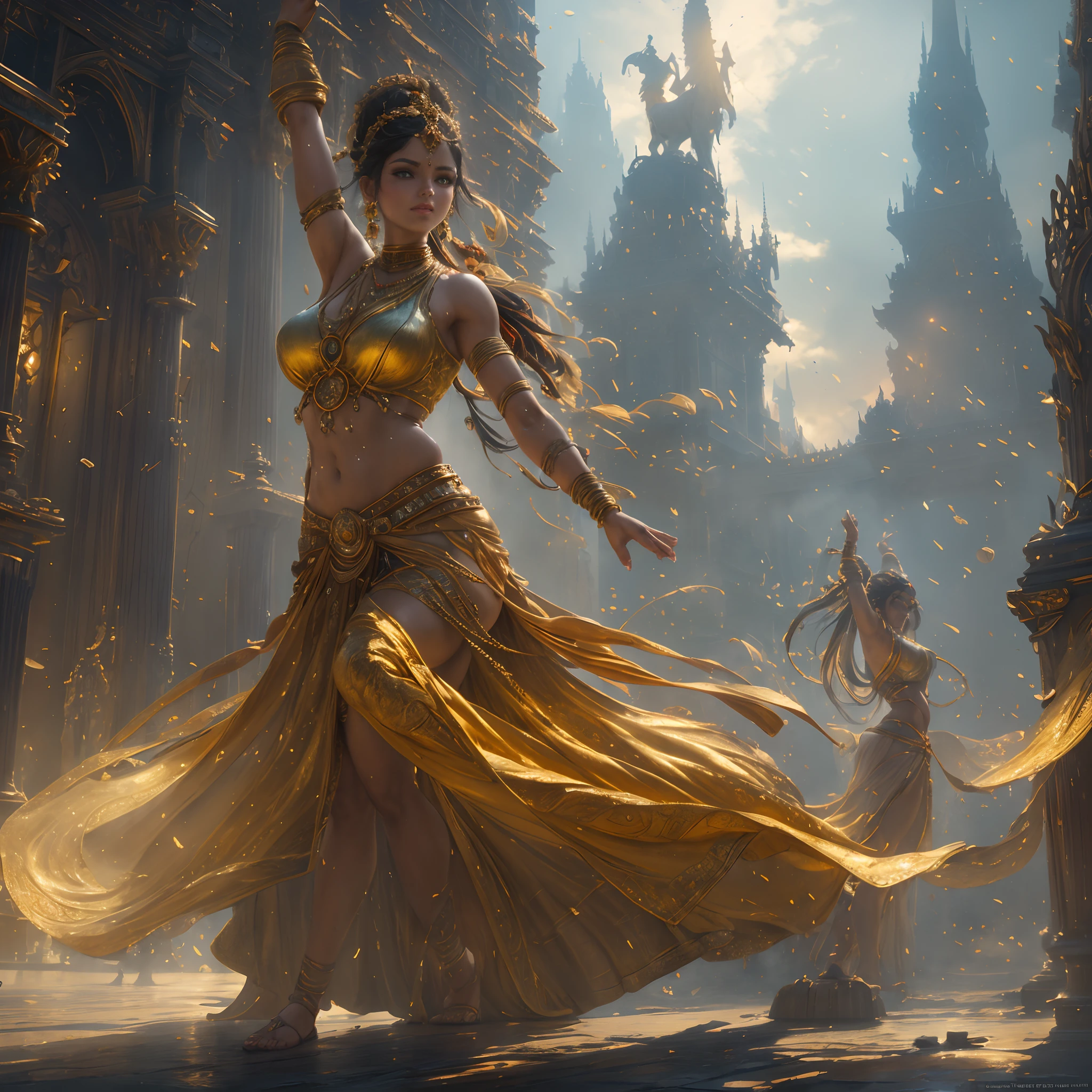 Gold east-Indian dancing sculpture, ethereal fantasy, hyper-detailed mist, Thomas Kinkade, 8k resolution concept art by Greg Rutkowski, Artgerm, WLOP, Alphonse Mucha, dynamic lighting, hyper-detailed, intricately detailed, Splash art trending on Artstation, triadic colors, Unreal Engine 5 volumetric lighting