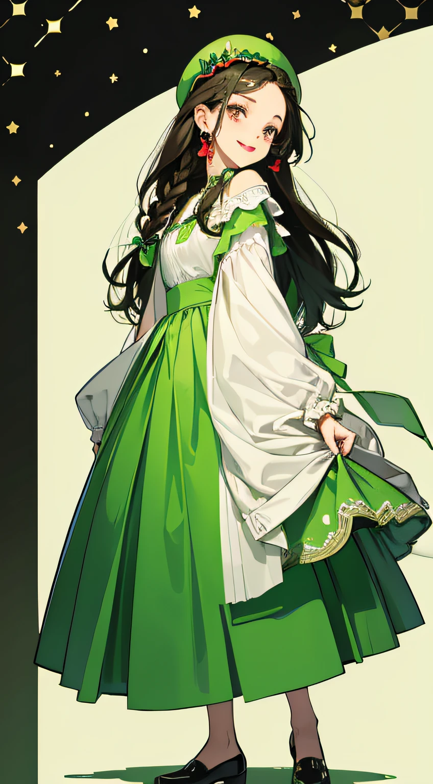 Full body portrait、Hand-drawn illustration, girl in cute green outfit、Smile innocently、Dark hair、red lipsticks、Black eyes、On the head wears luxurious accessories、Hairstyle is braided、I wear a long skirt、The background is pop and cute........、