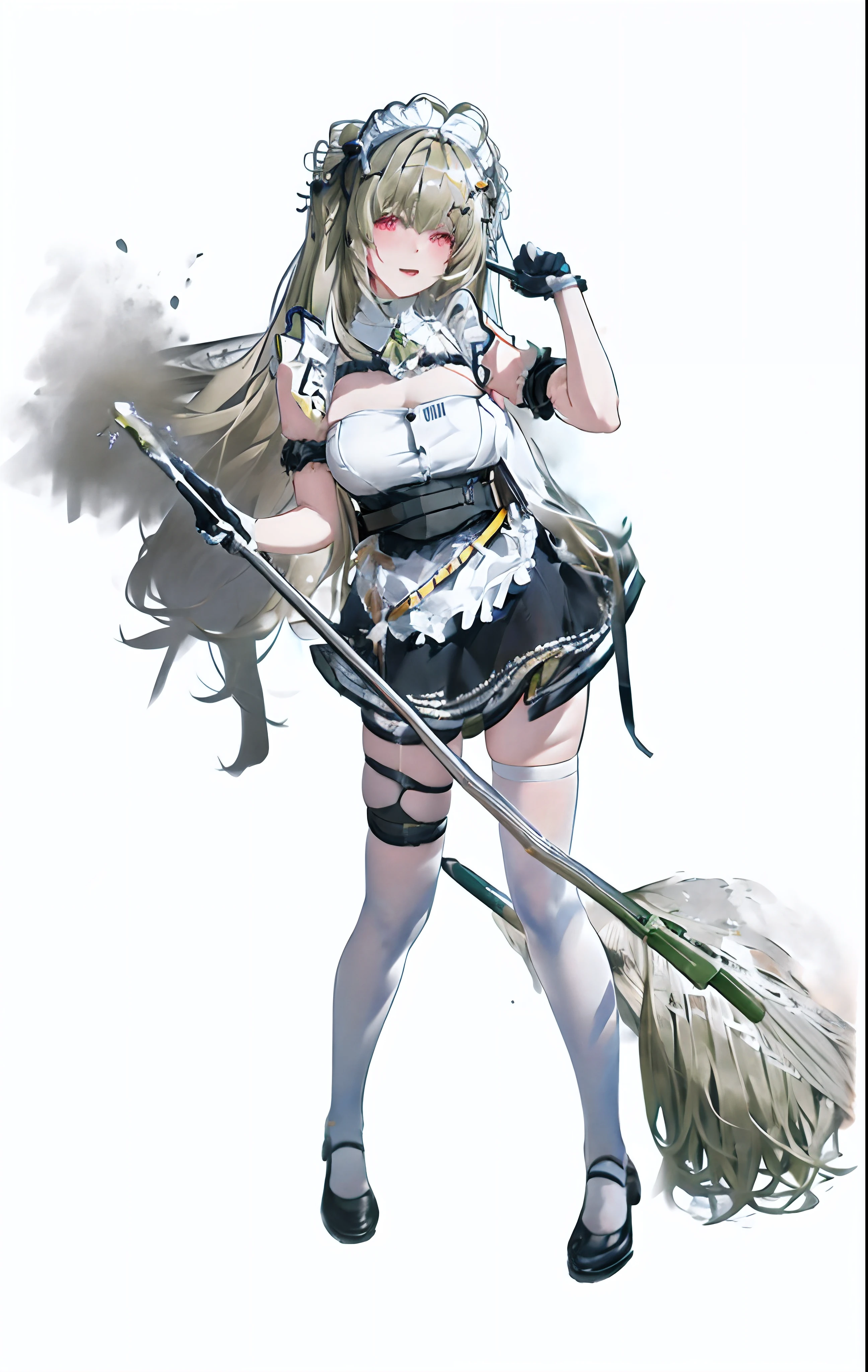 a woman in a maid outfit holding a broom and a mop, from girls frontline, anime maid ss military, fine details. girls frontline, anime maids riding early tanks, anime girl in a maid costume, gorgeous maid, from arknights, girls frontline style, ahegao, girls frontline cg, best anime 4k konachan wallpaper, top rated on pixiv, cafe background
