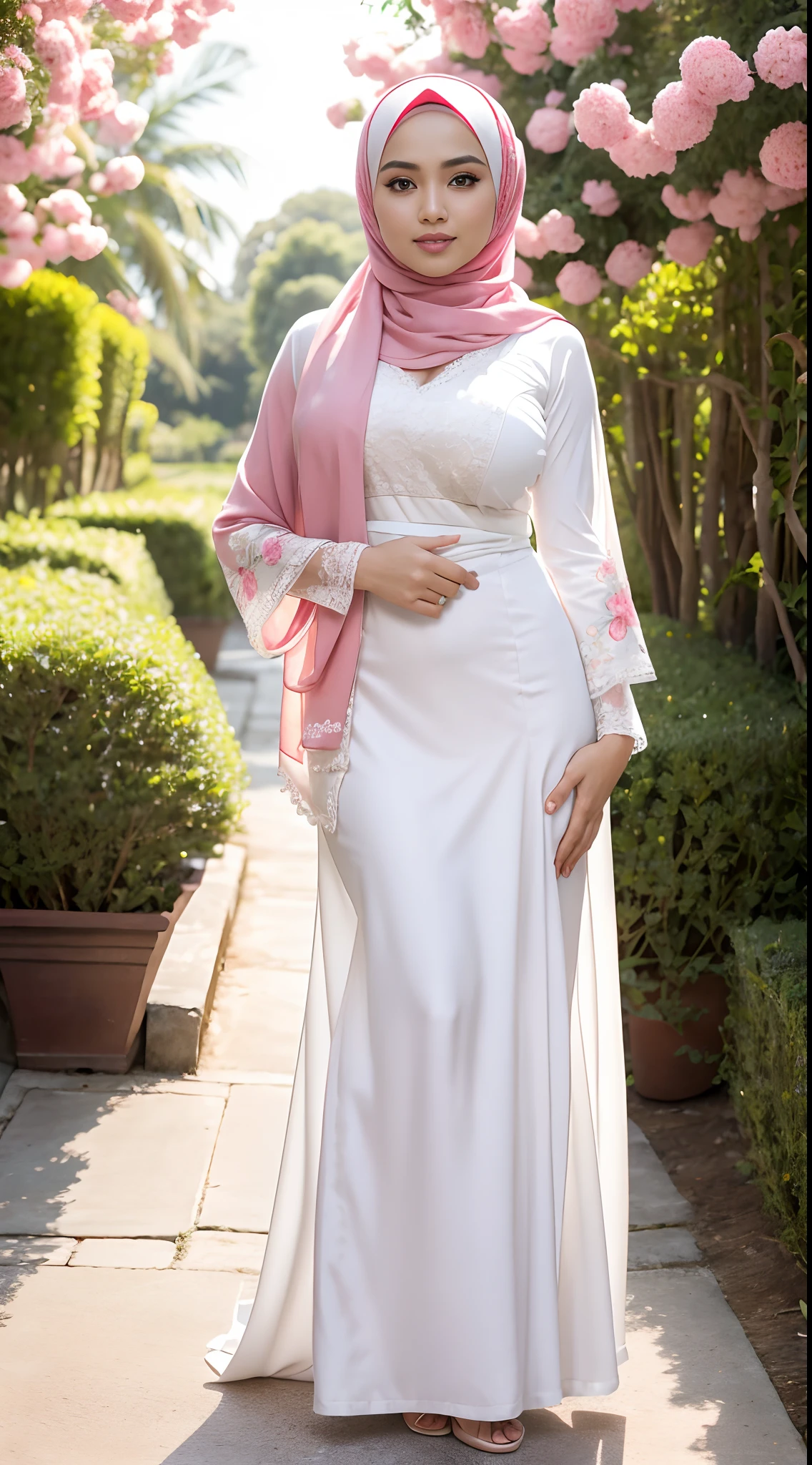 ,RAW, Best quality, high resolution, Masterpiece: 1.3), Beautiful Malay woman in hijab, Masterpiece, Perfect slim body, ((Big breasts)), Beautiful big eyes, Soft smile,Malay woman in hijap a white dress with small floral motifs and a pink shawl, wearing a white hijab, perfect hand, wearing beautiful long clothes, wearing a long flowing cloth, white and pink, white silk clothes, white and light pink clothes, big breasts, wearing white clothes long skirt, wearing elegant clothes, malay beauty, beautiful malay woman, wearing sexy dress top, sultry body with sexy belly, morning time, laughing, happy, bright sunlight, flower garden path, blurred background, bokeh