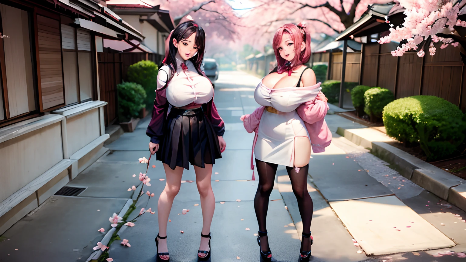 (Cherry blossom:1.2) And Street, 2 women on the street, looking at the cherry blossoms, full body shot, giga_busty