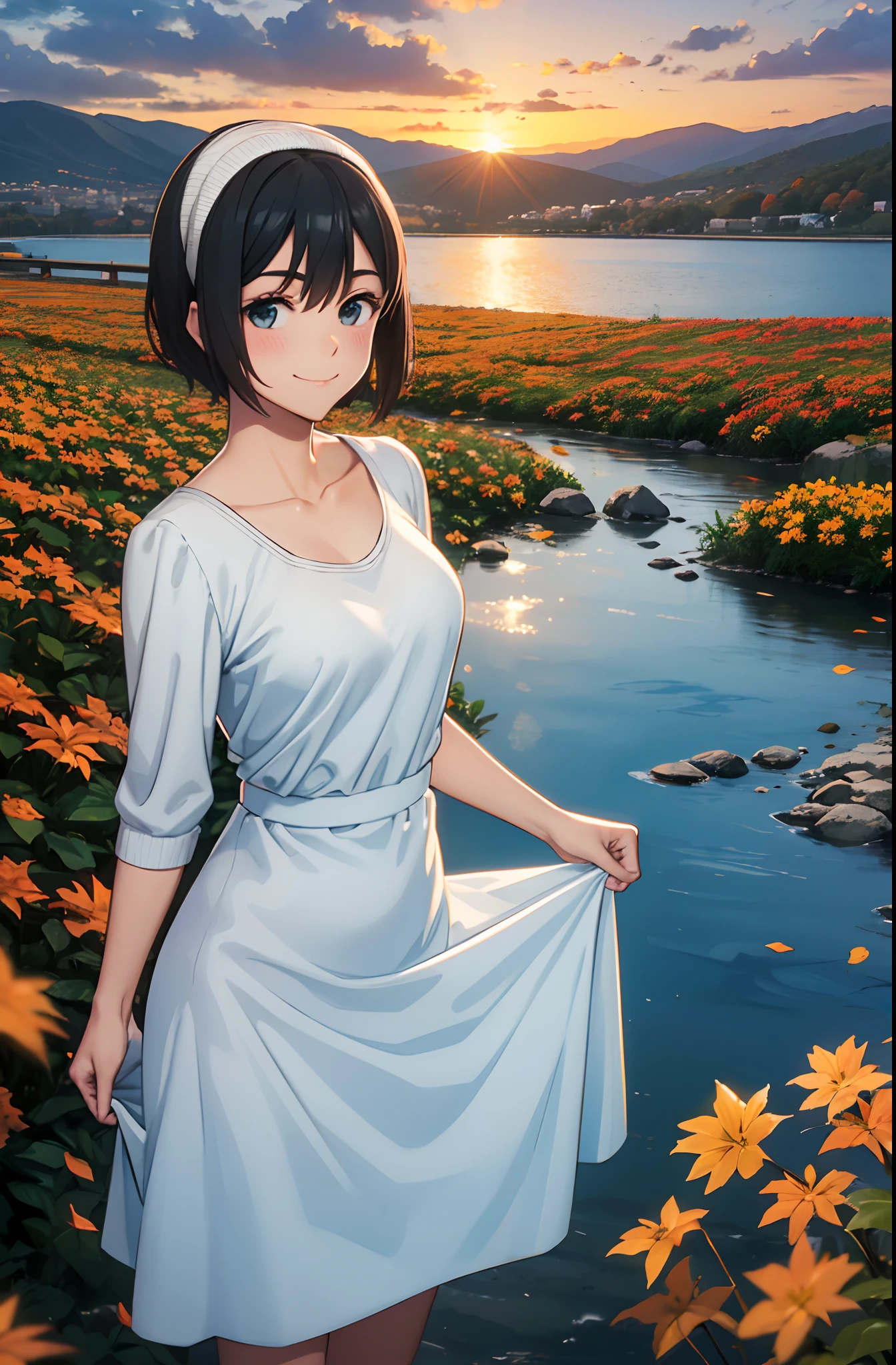 Kai Kokoai, STU48 Kai Kokoai, Short hair, Dark brown hair, 1girl, Autumn, autumn_leaves, Bangs, Beach, blue_sky, Blush, Breast, brown_hair, closed_mouth, Clouds, cloudy_sky, Clavicle, Day, Dress, Field, Flower, flower_field, Horizon, Lake, Leaf, looking_at_ viewer, mountain, mountainous_horizon, sea, outdoors, palm_tree, petal, plant, red_flower, short_hair, skirt_hold, sky, smile, solo, standing, sunset, tree, twilight, water, white_dress, perfect eye