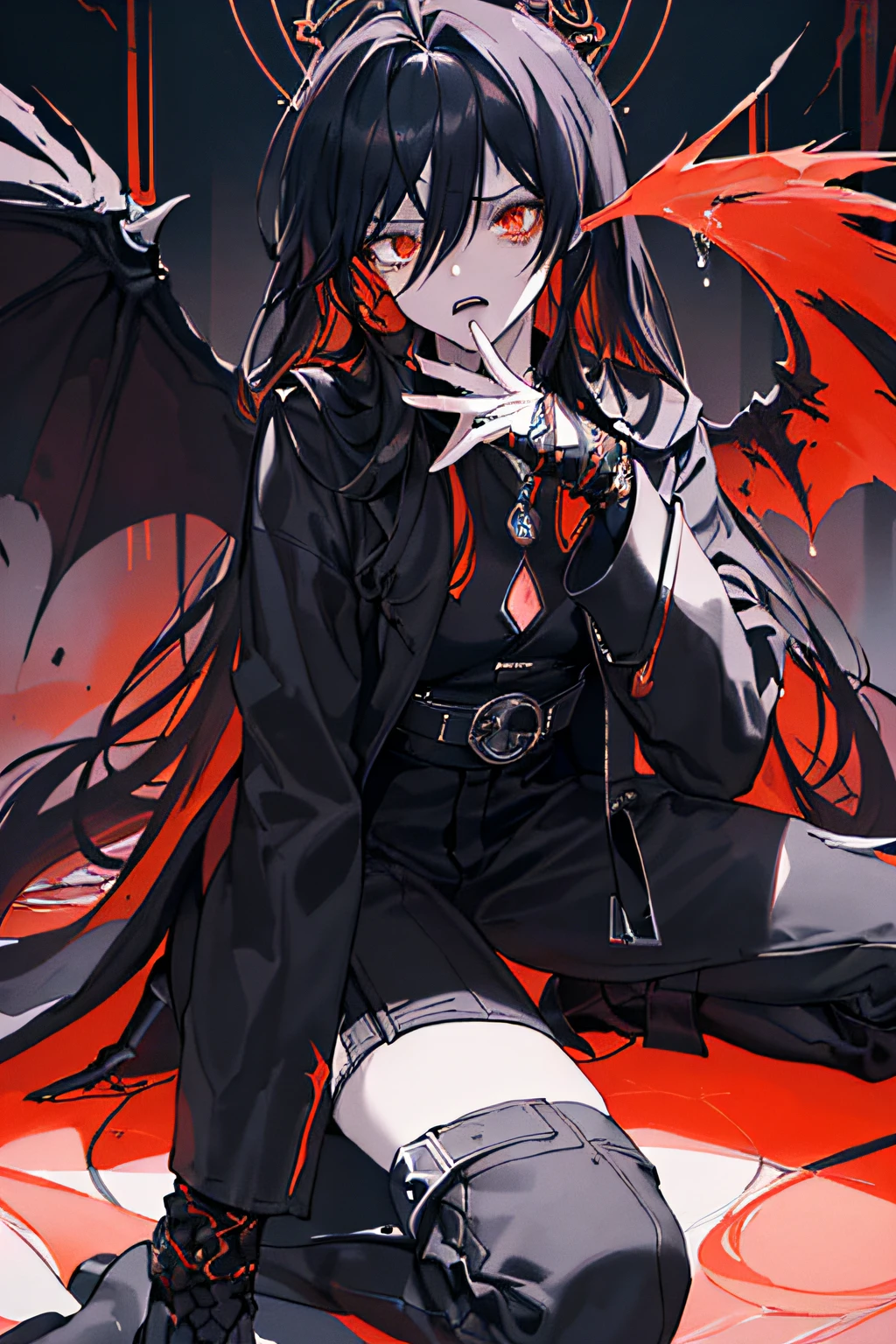 ((((Dramatic)))、(((gritty)))、(((vehement)))The main character is a young female demon, and she is weak in the center.々Sit-in、Wear stylish and edgy outfits、He has a bearish look on his face。The background is dark and rough、It makes you feel horrible。A woman is crouching in the wizard's room。The color palette is predominantly dark、There are splashes of bright colors、It gives a dynamic and visually striking look。 Fashionable, femele, outfits, the pose, the front, Colorful, Dynamic, Background with, element, expresive, ngel, statement, accessorized, The long-haired, coiled, surroundings, touch, The scene, Manteau, covers, Open jacket, captures the attention, tears, stylish, A dark-haired, Catchy, timid, The large, impressive, moderno, Trendy, focus, lo fashion,Devil's Wings,darkened room,crying how bright,Boken,scroll,magic circles