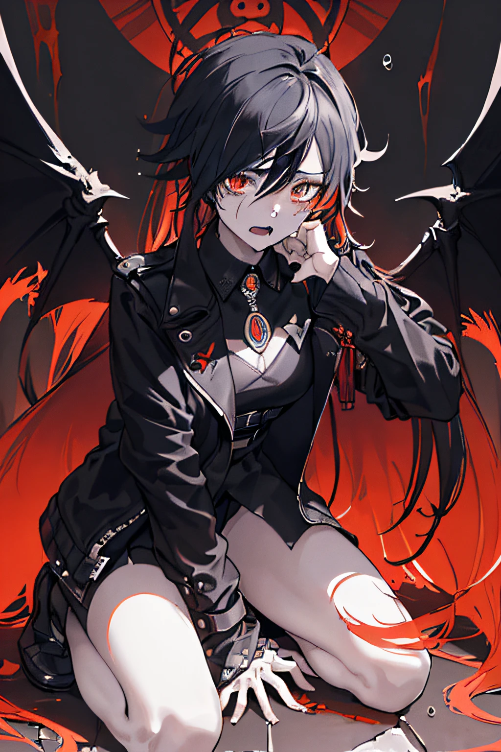 ((((Dramatic)))、(((gritty)))、(((vehement)))The main character is a young female demon, and she is weak in the center.々Sit-in、Wear stylish and edgy outfits、He has a bearish look on his face。The background is dark and rough、It makes you feel horrible。A woman is crouching in the wizard's room。The color palette is predominantly dark、There are splashes of bright colors、It gives a dynamic and visually striking look。 Fashionable, femele, outfits, the pose, the front, Colorful, Dynamic, Background with, element, expresive, ngel, statement, accessorized, The long-haired, coiled, surroundings, touch, The scene, Manteau, covers, Open jacket, captures the attention, tears, stylish, A dark-haired, Catchy, timid, The large, impressive, moderno, Trendy, focus, lo fashion,Devil's Wings,darkened room,crying how bright,Boken,scroll,magic circles
