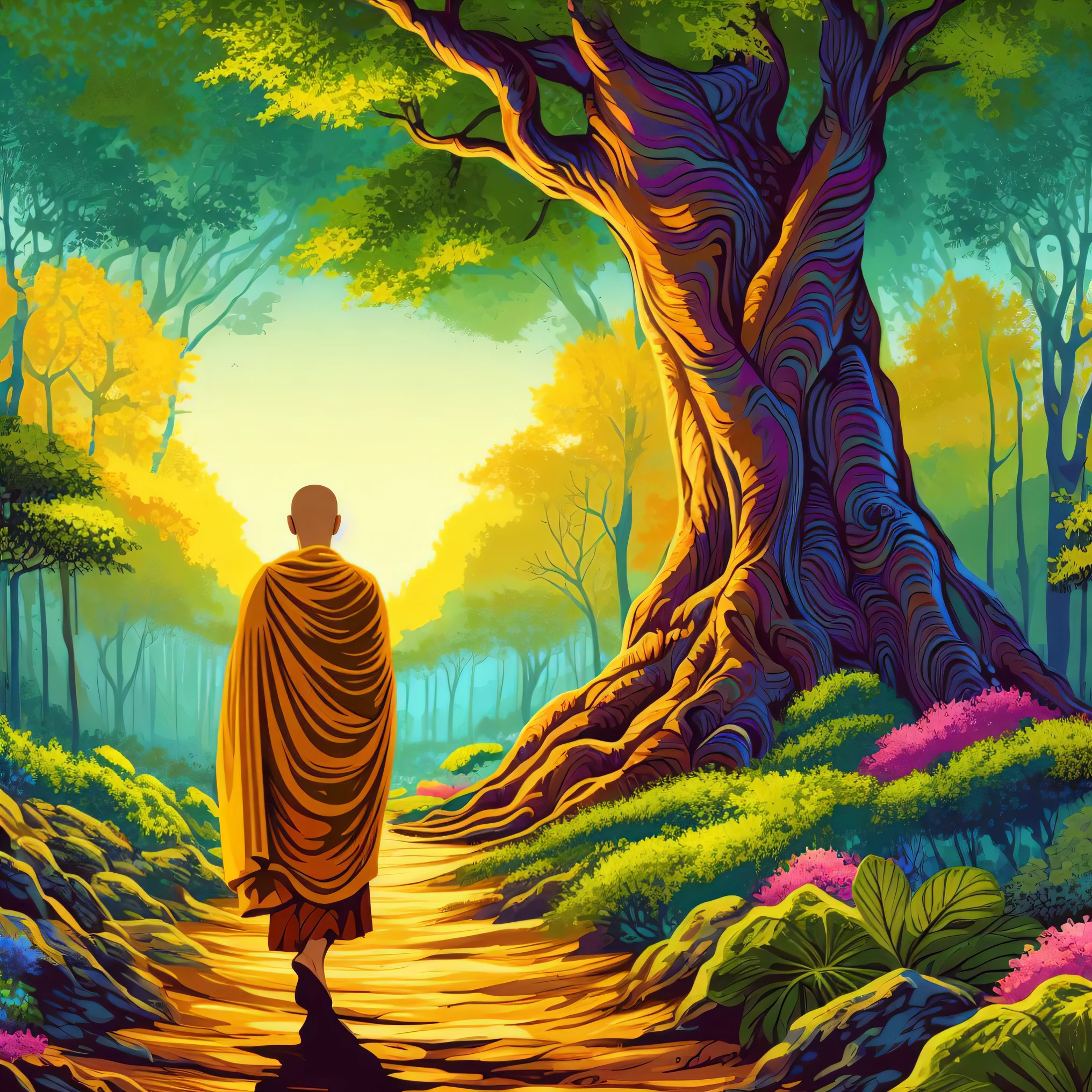 a painting of a monk walking down a path in a forest, on path to enlightenment, on the path to enlightenment, an ancient path, spiritual enlightenment, golden sacred tree, monk meditate, buddhism, blossoming path to heaven, enlightenment, by Jason Benjamin, kilian eng vibrant colors, kilian eng vibrant colours, the bodhi tree at sunset, buddhist monk