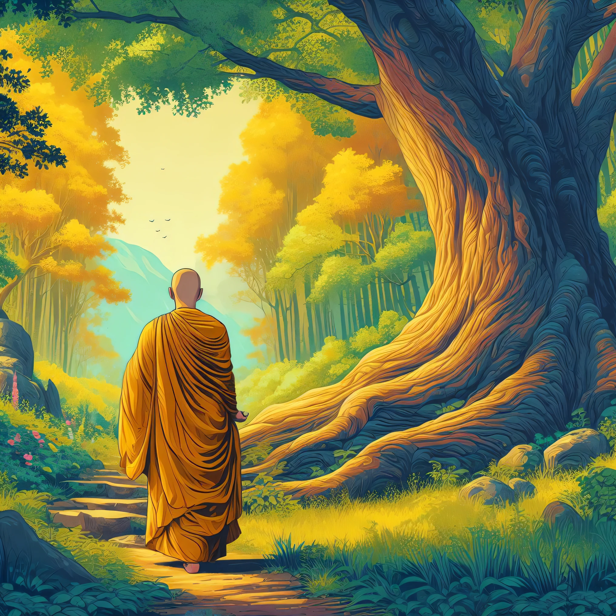 a close up of a person walking in a forest with a tree, on path to enlightenment, on the path to enlightenment, an ancient path, monk meditate, buddhist monk, buddhism, buddhist monk meditating, buddhist, by Kerembeyit, golden sacred tree, monk, the buddha, ancient japanese monk, the bodhi tree at sunset, enlightenment, spiritual enlightenment