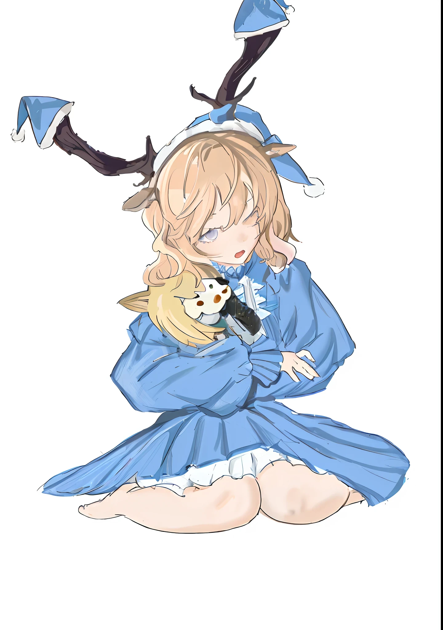 Anime girls have antlers on their heads, Pisif, by Kamagurka, at pixiv, Loli, Soft anime illustration，Wearing blue pajamas，Bare legged