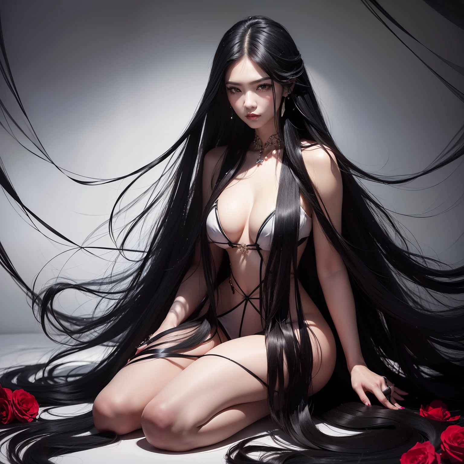 (Top image quality、top-quality、Top resolution、hyper realistic photography、Full body photo、masterpiece、16k、)1girl in、Surprisingly long black hair is super beautiful、hair length about 3 meters、White underwear or naked、Hide the whole body with straight black hair、Very beautiful face、well-groomed beautiful black hair、very large amount of hair、Ultra-long black hair with an emphasis on sex appeal as a woman、slim figure、Lustrous beautiful hair、Bright lighting、profetional lighting、Winner of the World Long Hair Contest、Full body real photo、Head-to-toe photo、Photo taken from about 4 meters away、Super Real、Two hands、2 legs、The longest black hair in the world、Hair is heavy and tired、Hair longer than Rapunzel、very large amount of hair、I hide my whole body with very long black hair、Hair that is shampooed every day is very clean、Hair smells of roses、Very long black hair is my sex appeal、Very long black hair is my charm、Long black hair is a symbol of beauty、My pride is very long black hair、This long hair length and amount is admired all over the world、My very long black hair is spread out in a fan shape、Facing backwards、Sleeping face down、Silky black hair flowing from the shoulders to the floor、Ridiculously large amount of hair、The hair is ridiculously bushy、Wrap the entire bed in hair、Hide my hands with long hair、Hide my fingers with long hair、A storm of angry black hair that seems to overflow from the screen、