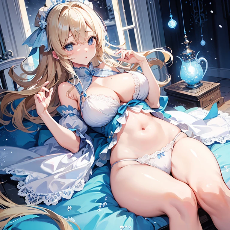 女の子1人、a blond、Blue eyes、length hair、fluffy and soft hair、Cinderella、Cinderella's Castle、light blue lace dress、natta、moonlight、It's snowing、爆乳、cleavage of the breast、Enchanted breasts、Enchanted thighs、Pink lip、耳环、White lace ribbon、frilld、Navel Ejection、Sparkling eyes、I can see my underwear.