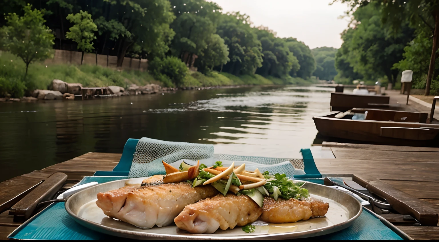 a fried and sweaty river fish served on a tray and in the background a river