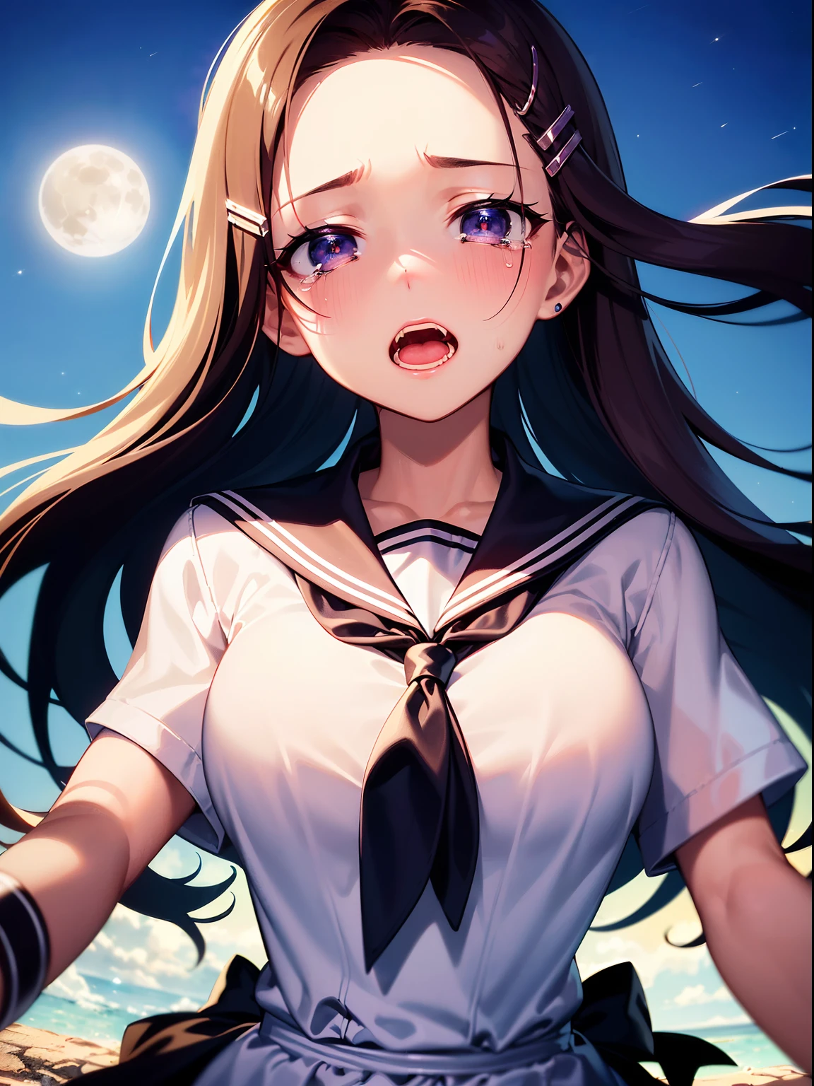 ((((Sharp focus,vaporwave,Staring,half-open mouth,Slightly sad,tearing,half closed eyes,))))((Singing,standing microphones,))(Masterpiece illustration,Beautiful and aesthetic:1.2,Target the audience,From below), ((((Best quality,Top quality, Epic quality,zentangle:1.2,))))((((Rooftop,En plein air,))))(meteors,Moonlight,Moon glare, god light,))Neat face,underage,Young,Beautiful detailed hair,Brown hair,hyper HD, retinas, Textured skin, A high resolution, 16k ,((hair pin,Forehead,Long-sided locks,Long hair,Large bow in hair)),Detailed face, 1JK, 1girll,Solo, Perfect face, Very amazing girl,(Black sailor uniform,White sailor tie at front),rim-light,((rock music))
