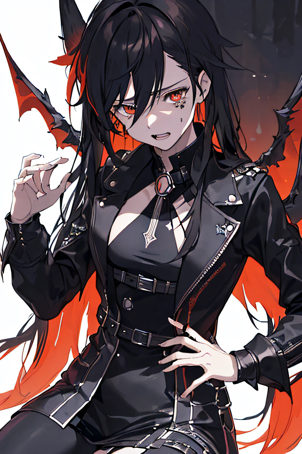 ((((Dramatic)))、(((gritty)))、(((vehement)))The main character is a young female demon, and she is weak in the center.々Sit-in、Wear stylish and edgy outfits、He has a bearish look on his face。The background is dark and rough、It makes you feel horrible。A woman is crouching in the wizard's room。The color palette is predominantly dark、There are splashes of bright colors、It gives a dynamic and visually striking look。 Fashionable, femele, outfits, the pose, the front, Colorful, Dynamic, Background with, element, expresive, ngel, statement, accessorized, The long-haired, coiled, surroundings, touch, The scene, Manteau, covers, Open jacket, captures the attention, tears, stylish, A dark-haired, Catchy, timid, The large, impressive, moderno, Trendy, focus, lo fashion,Devil's Wings,darkened room,crying how bright,Boken,scroll,magic circles