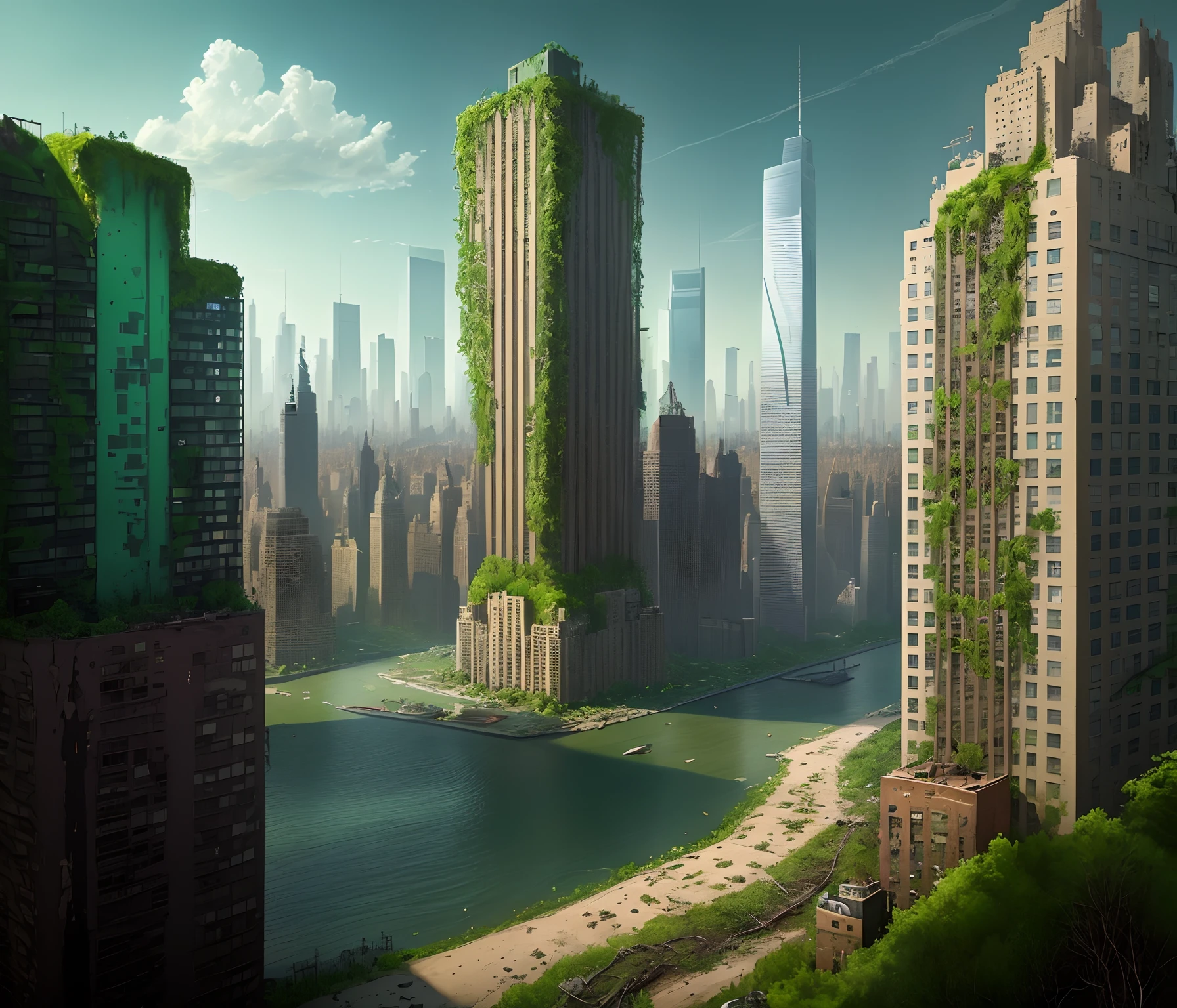 Make a post apocalyptic New York City covered in vegetation after 10 generations.