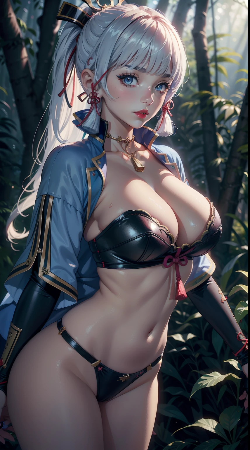 ((masterpiece)),(bestquality),((ultra-detailed)), ((beautiful detailed sky)), ((cinematic lighting)), depth of field, (dynamic angle),detailed lighting,(beautiful detailed eyes), ((night, forest)),red lip, eyeshadow,large breast, (erotic), sexy, cleavage, bare thighs, navel, (kamisatoayakadef)