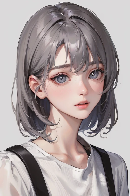(Top resolution、Distinct_image)top-quality、femele、​masterpiece、ighly detailed、Semi-realistic、grey  eyes、25-years old、年轻、Casual clothing、Exquisite facial features、Facial features、shorth hair