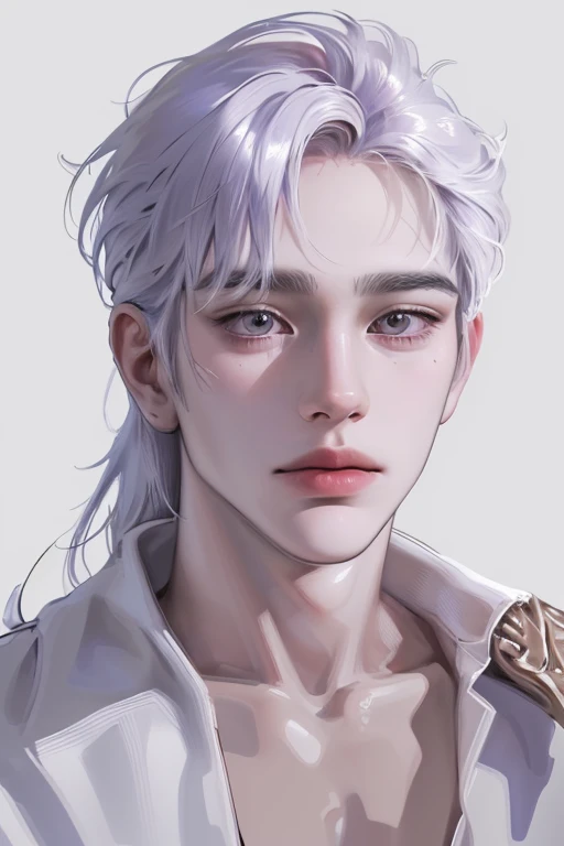 (best quality,4k,8k,highres,masterpiece:1.2),ultra-detailed,(realistic,photorealistic,photo-realistic:1.37), (((man))), ((masculine face)), portrait,illustration, vivid colors,(((white platinum hair))), 25 years old,long bangs,solo man, confident expression,high-resolution,sharp focus,impressive lighting,aged face,expressive wrinkles,mysterious aura,light background, light aura,shiny eyes,hand on chin,pensive gaze,wise appearance,distinguished gentleman,neutral color palette,fine lines,powerful presence,depth and texture,hint of purple,classic style,lifelike painting