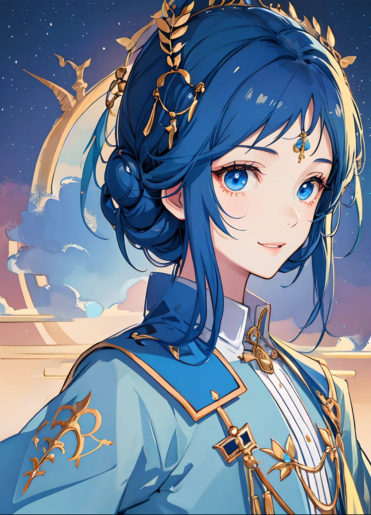 masterpiece、top-quality、超A high resolution、2D Bishonen、animesque、 Boy、Blue hair、short-haired、School Uniform、Wear baggy clothes、Beautiful blue eyes、The clothes are also depicted in detail、Eyes are depicted in detail、The face is depicted in detail、soio、Gentle smile、hair adornments、animesque、illustratio