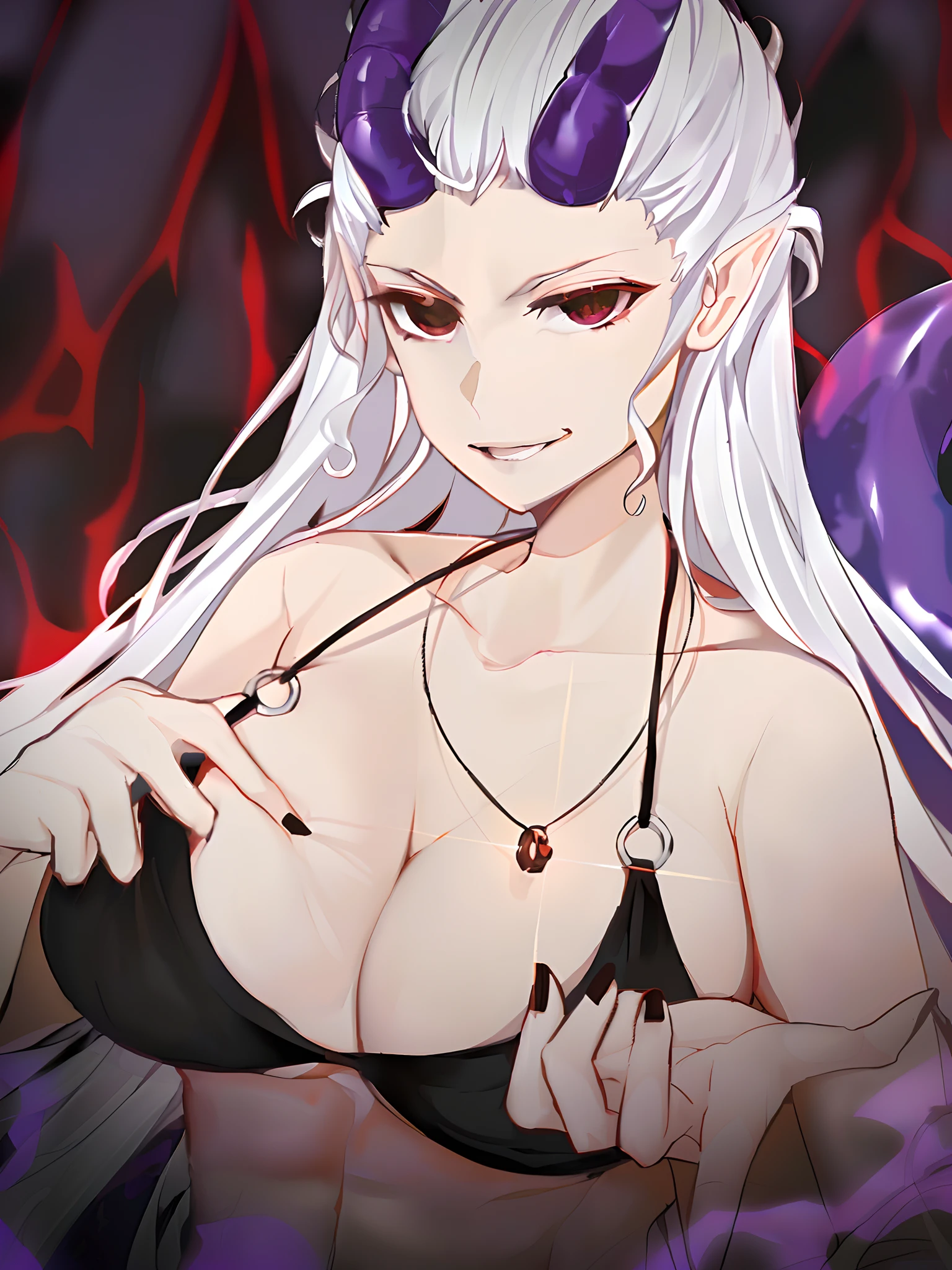 Anime girl with white hair and purple eyes in a black bra, white horns queen demon, Succubus bonito, divindade de cabelos brancos, portrait of a female demon, Succubus em vestido curto apertado, anime demon, Succubus no retrato do vestido de sol, Demon girl, Beautiful elegant demon queen, succubus, godess do mal, Rainha do Submundo, demon woman, detalhes, peitos grandes e sexy, olhos chamativos e cilios grandes
