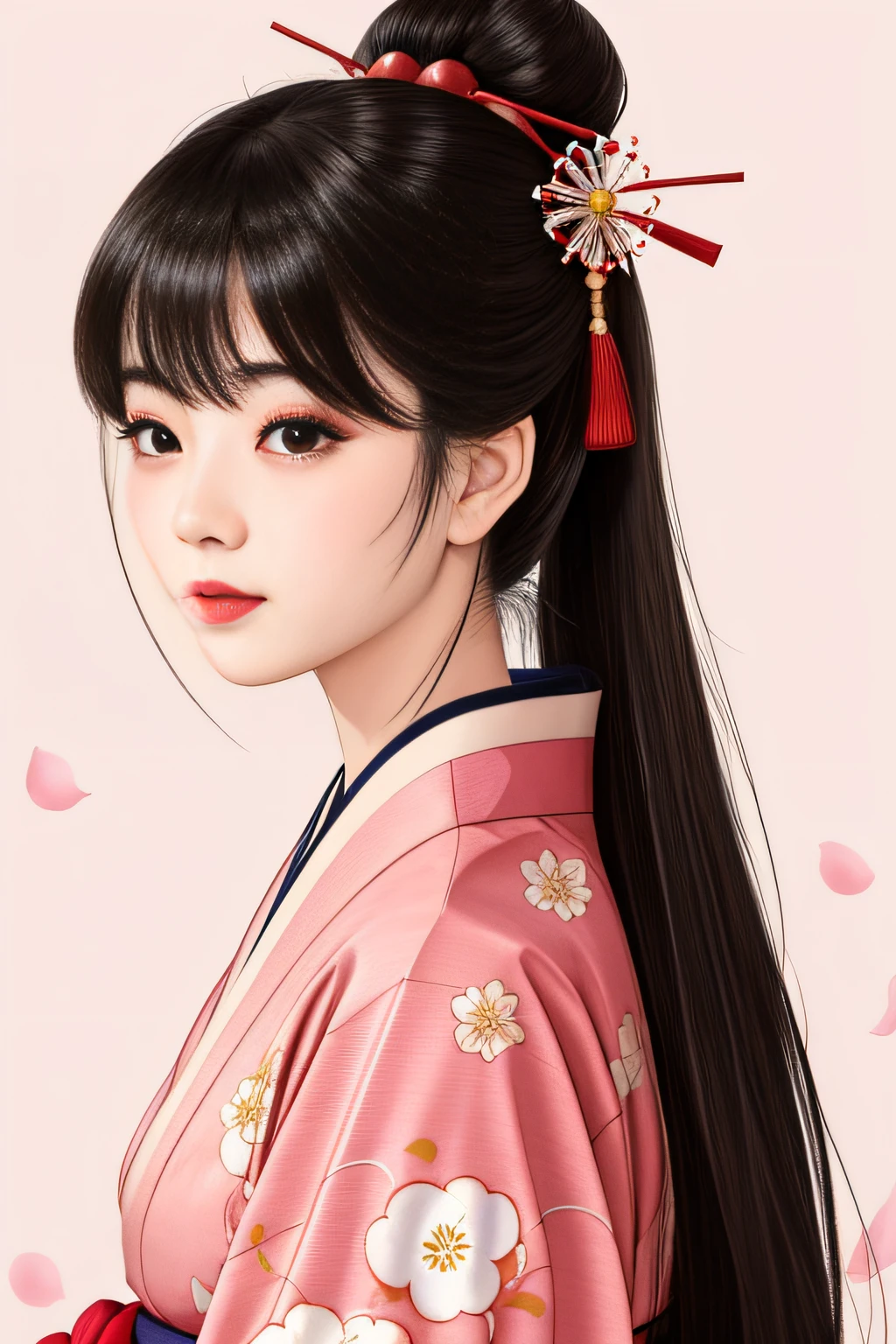 ((Big、a small face、No exposure))、top-quality、masterpiece、(Bun hair Black hair、Ponytail hair)、Brown eyes、⦅From the buttocks up is the whole body、Diagonally horizontal⦆、(4In K、masterpiece、hight resolution、Realistic and beautiful light and shadow、One girl、Solo Focus、(top-quality)、(Hi-Res)、(extremely delicate and beautiful)、(Beautiful 8k face)、(I close my eyes while smiling.)、(独奏)、(Clear skin)、(Soft hair)、(7headed body)、(Japanese style yukata kimono with red and pink checkered pattern isolated on white background、Beautiful girl in Japan wearing yukata)、((Hair in a bun))、((Tanabata decoration background))、((a small face))、(reality)、thin and small nose、(red lipsticks)、(Reddening cheeks)、(Lustrous skin)、((Ukiyo-e style))、Ultra-thin eyebrows、Ultra high image quality、(Wearing maiko-style makeup)、skin whitening、long and beautiful lashes、Lustrous skin that changes like a model in a Kyoto magazine、(Red-dyed cheeks),Nasal muscle