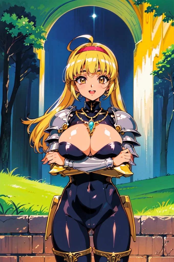 "(masterpiece:1.1), best quality,
1girl, (80s anime style:1.3), (eyelashes:1.5), (li:1.2),
(intricate high detailed body:1.2),
yellow hair,
(blunt bangs:1.1), (twintails:1.1), (headband:1.2),
red eyes,
(taned, dark skin:1.3), (slim body:1.1), (gigantic breasts:1.5),
(happy, smile:1.2), blush,open mouth,
(high cut body suit armor:1.2), (pantyhose:1.1),
(knight armor, armored boots:1.2), (fur:1.1), (ahoge:1.2), crystal necklace,
standing, crossed arms,
(upper body, cowboy shot, looking at viewer, from front:1.1),
(daytime, woods, grassland, outdoors:1.1)"