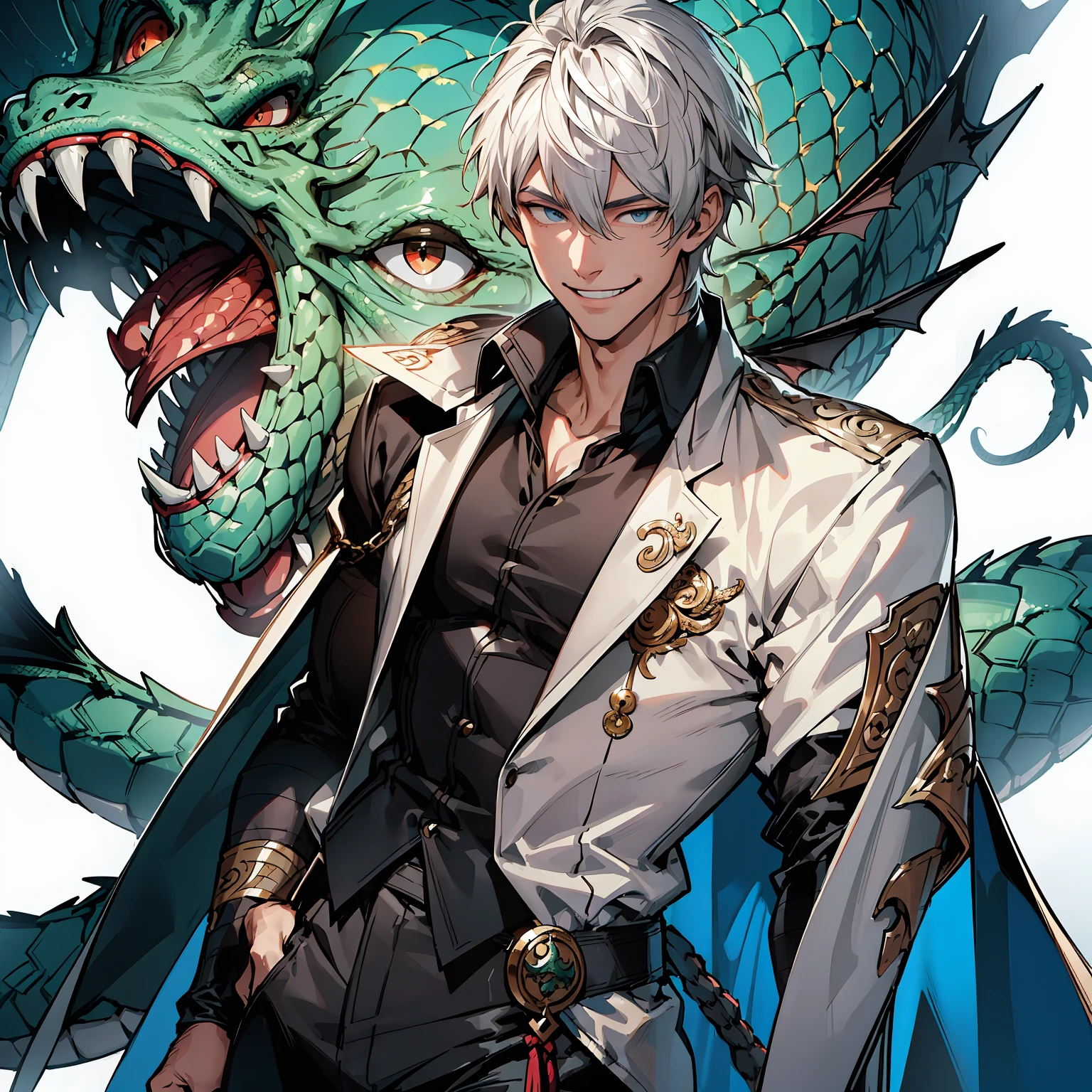 HD, best picture quality, illustration quality, super detailed, a rough young man in a white casual sweatshirt, behind him emerges a translucent giant oriental dragon ghost, lightning and metal reflections.