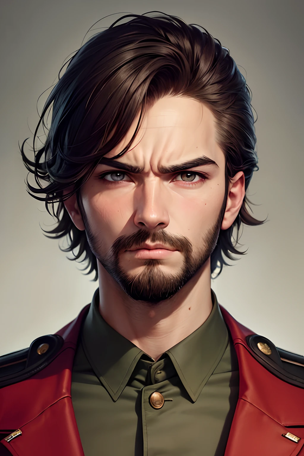 (best quality, masterpiece:1.2), 1man, detailed hair, detailed eyes, detailed lips, (((militar hair))), ((short hair)), brown hair, brown eyes, full beard, militar uniform, portrait, angry