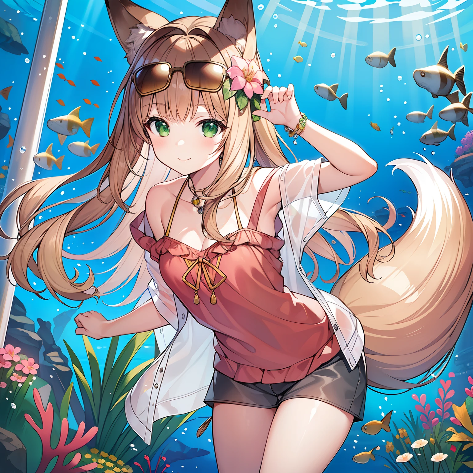 (Masterpiece, top quality, Kyoto animation style illustration, top quality, official art, aesthetics, beautiful details, :1. 2), break, (one girl), very detailed, colourful, best details, break, (bombshell breasts: 1. 2,), clear skin, beautiful skin, shy skin, with fringes, 1 beautiful girl, brown hair, (cat ears, ponytail, medium-long hair: 1. 2), (light blue eyes, long eyelashes, double eyelids: 1. 2), solo, break, (1girl,solo:1. 3)((deep sea)),(water gun),(water play), break, medium necklace, simple, grey Colour, colourful hair, asymmetrical bangs, shadows, sweat, simple, blush, stickers, micro bikini, white, silky, blue sky, break,((weightless)),((top angle, cowboy shot))), underwater,((underwater, seaweed, column of light)),((coral reef, air sac:1.5 ))), Goddess,
.