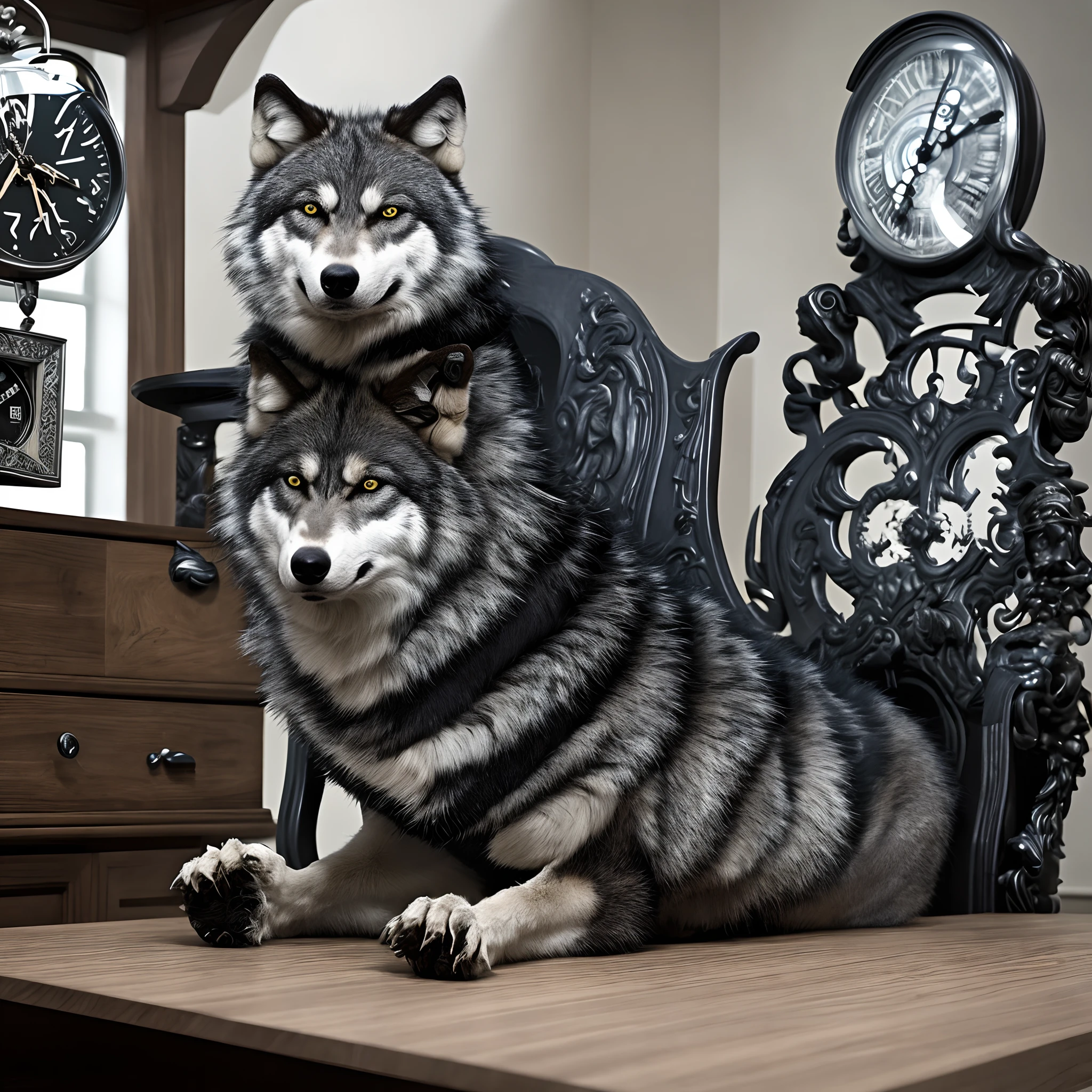 Death wolf sitting in a chair with his feet on the table without his clock on
