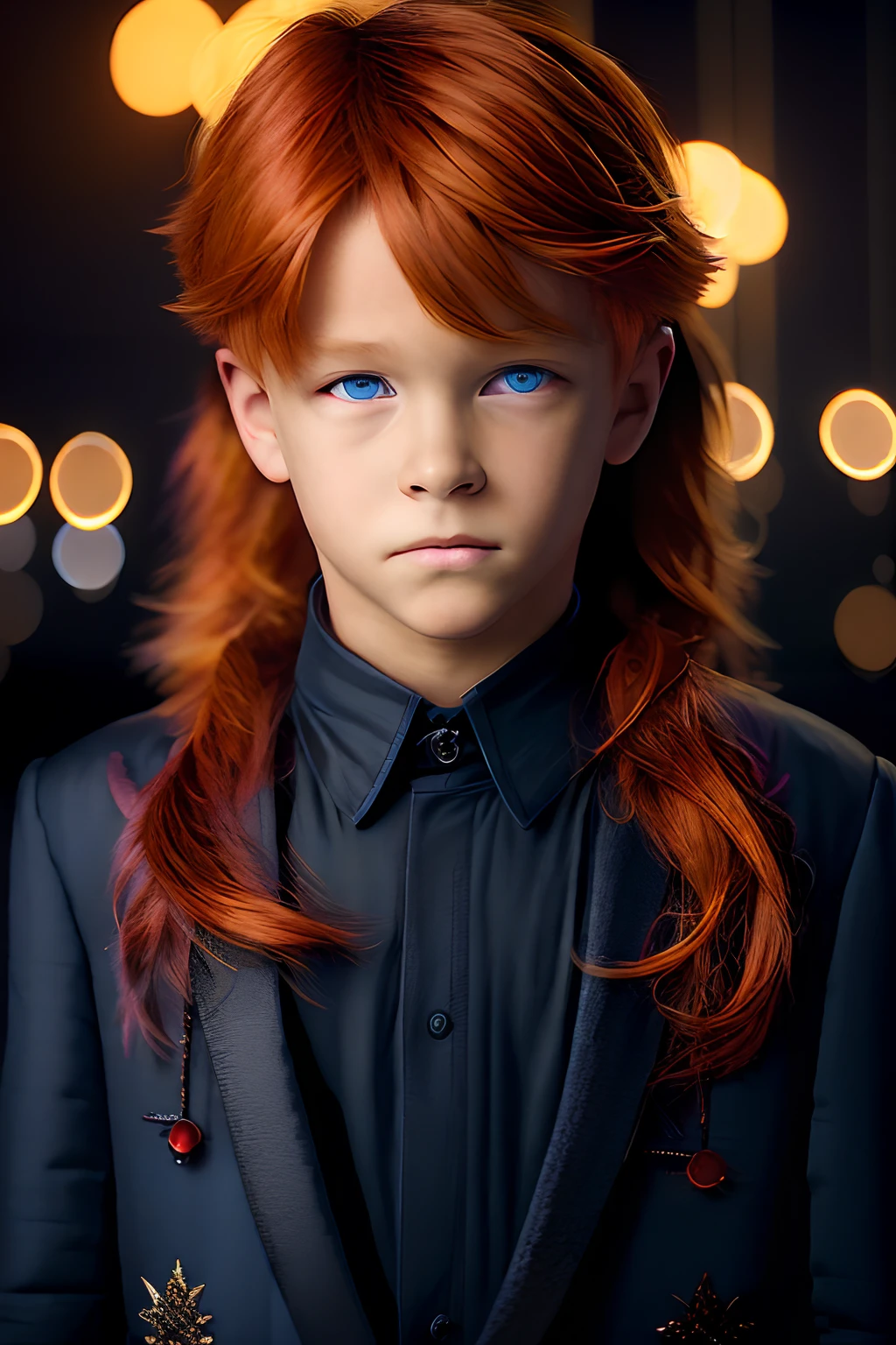 ((( boy))), (extremely detailed 8k wallpaper), Dark Theme, uses (expensive black clothes), (((beautiful face))), fine focus, (subsurface dispersion:1.1), ((long red hair))), ((blue eyes)), expression (happy), centered face, award-winning photography, dramatic lighting, in a Noble Party.
